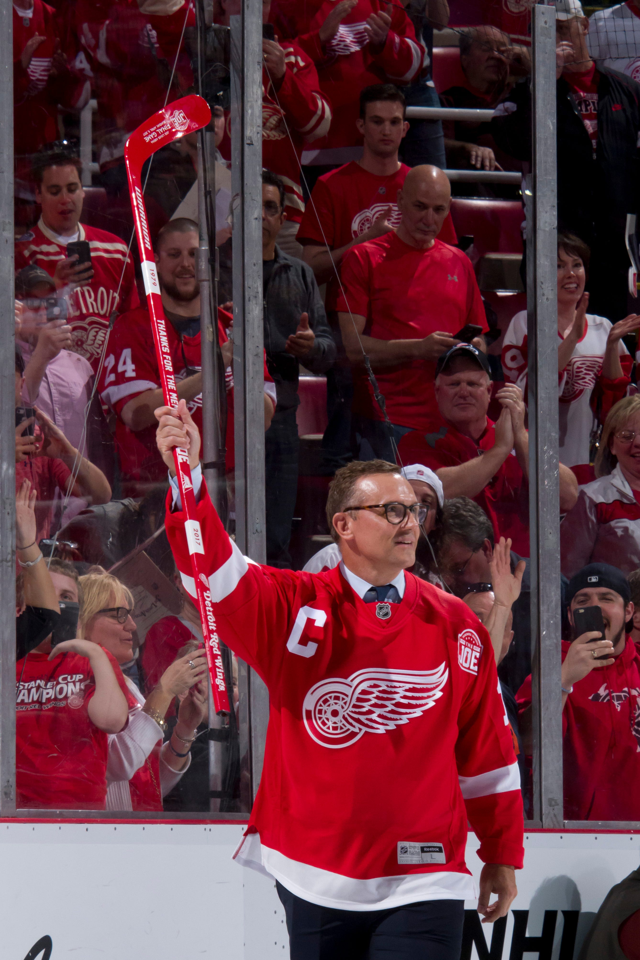 Former captain Steve Yzerman is introduced for the post-game ceremony.                Photos are of the Detroit Red Wings vs. the New Jersey Devils during the last game at Joe Louis Arena, in Detroit, April 9, 2017.   (David Guralnick / The Detroit News)