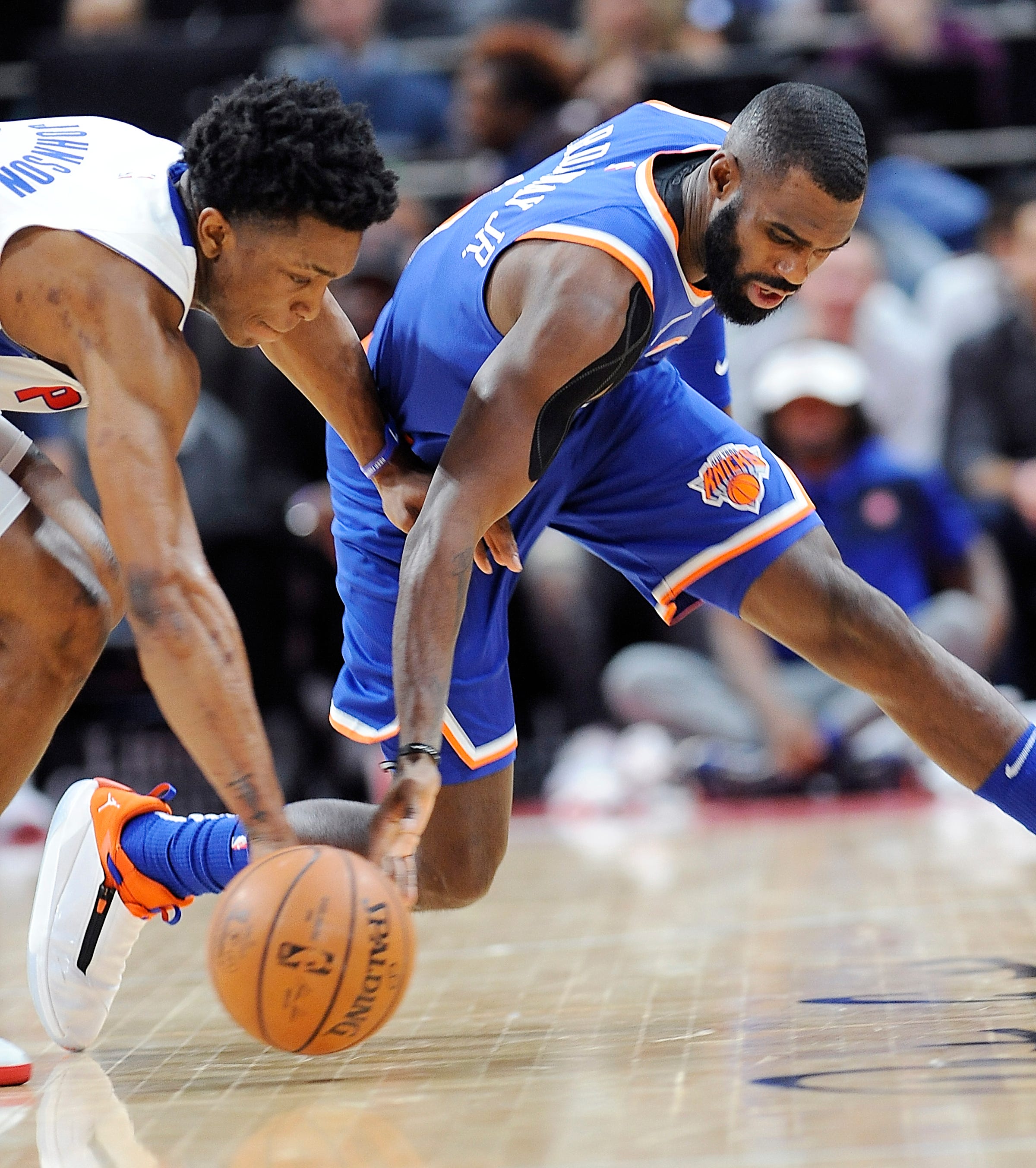 Pistons' Stanley Johnson, steals the ball from Knicks' Tim Hardaway Jr. in the second quarter.