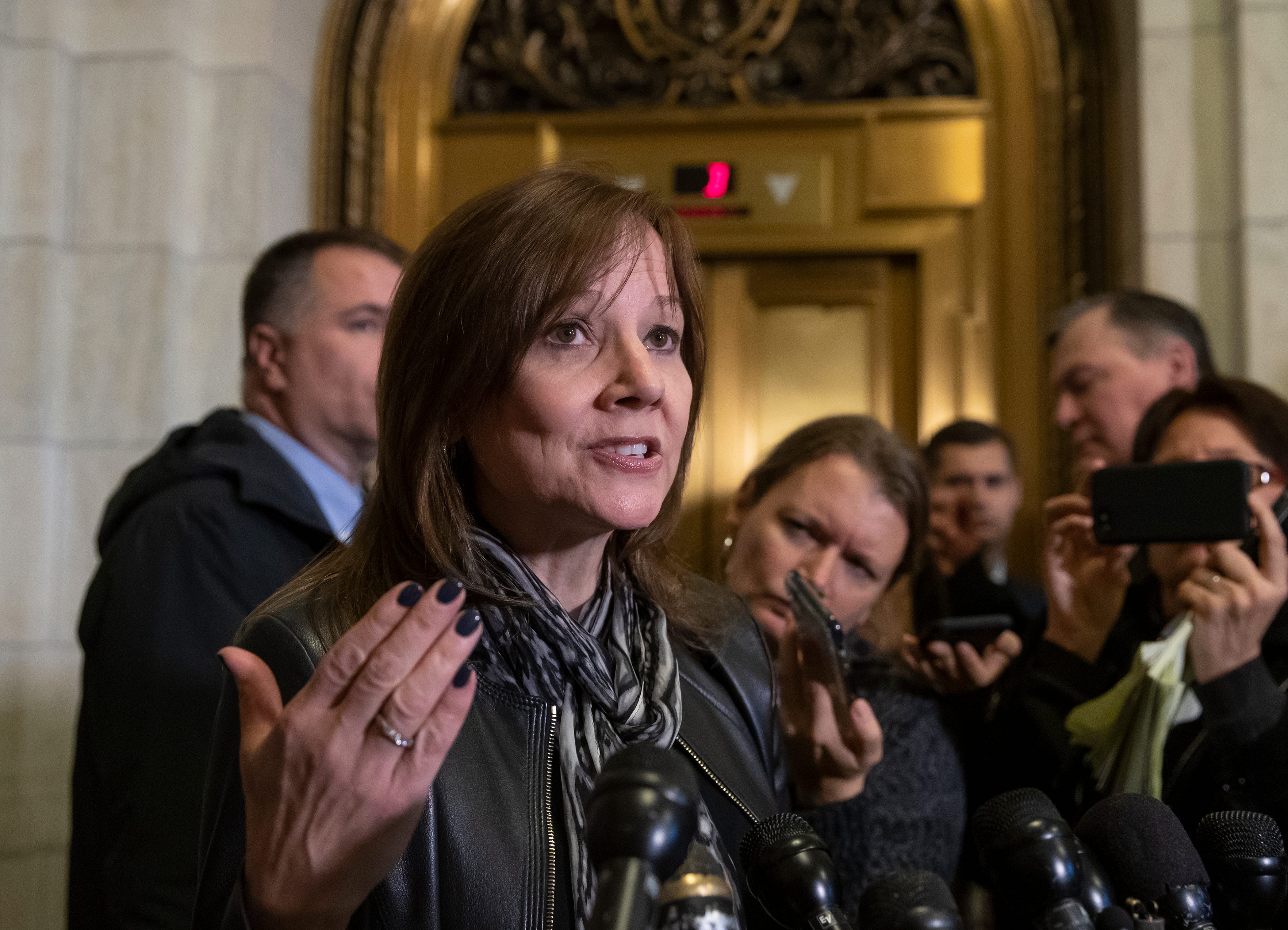 General Motors CEO Mary Barra speaks to reporters after a meeting with Sen. Sherrod Brown, D-Ohio, and Sen. Rob Portman, R-Ohio, to discuss GM's announcement it would stop making the Chevy Cruze at its Lordstown, Ohio, plant, on Capitol Hill Wednesday.