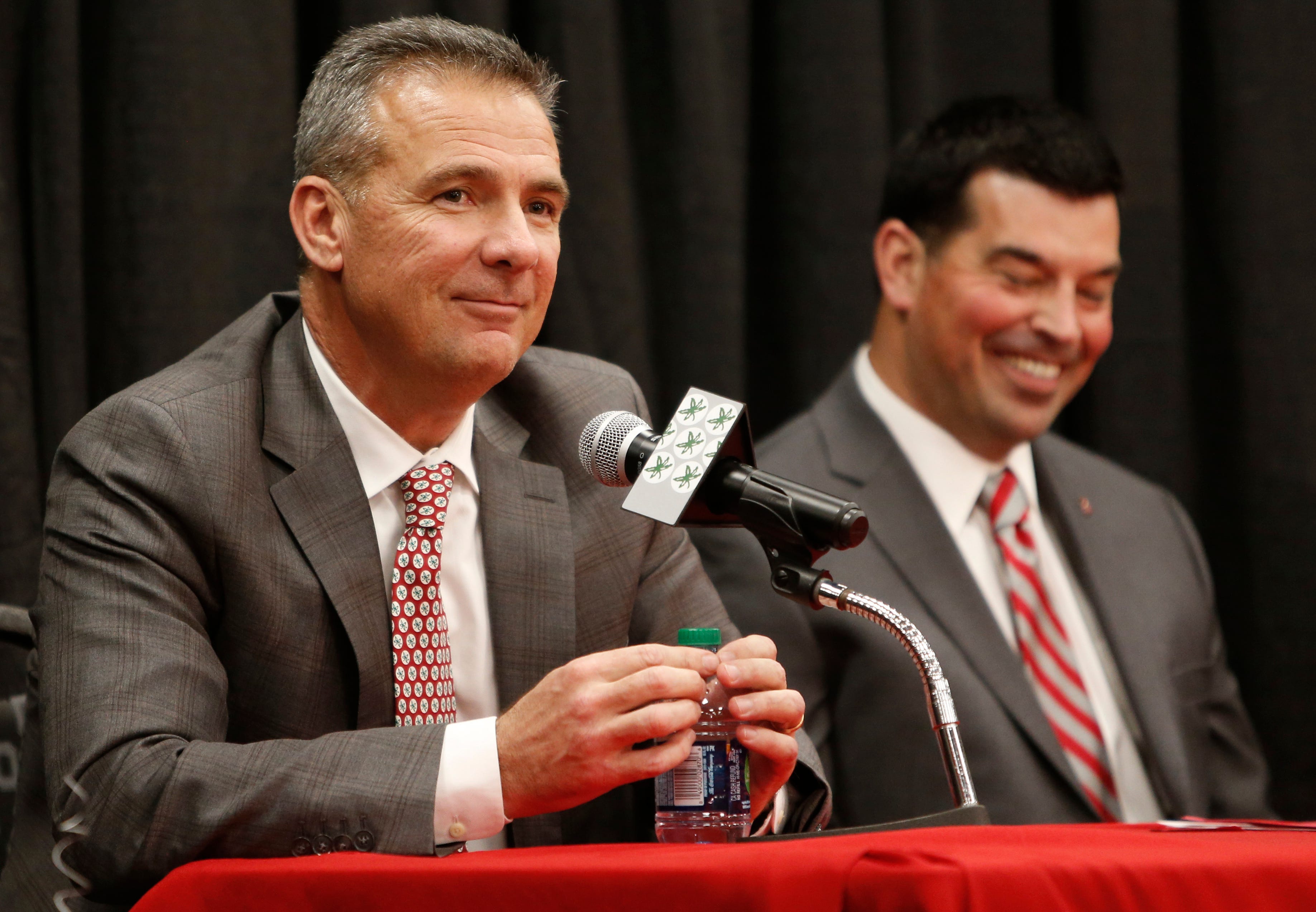 Urban Meyer answers questions during a news conference announcing his retirement Tuesday.