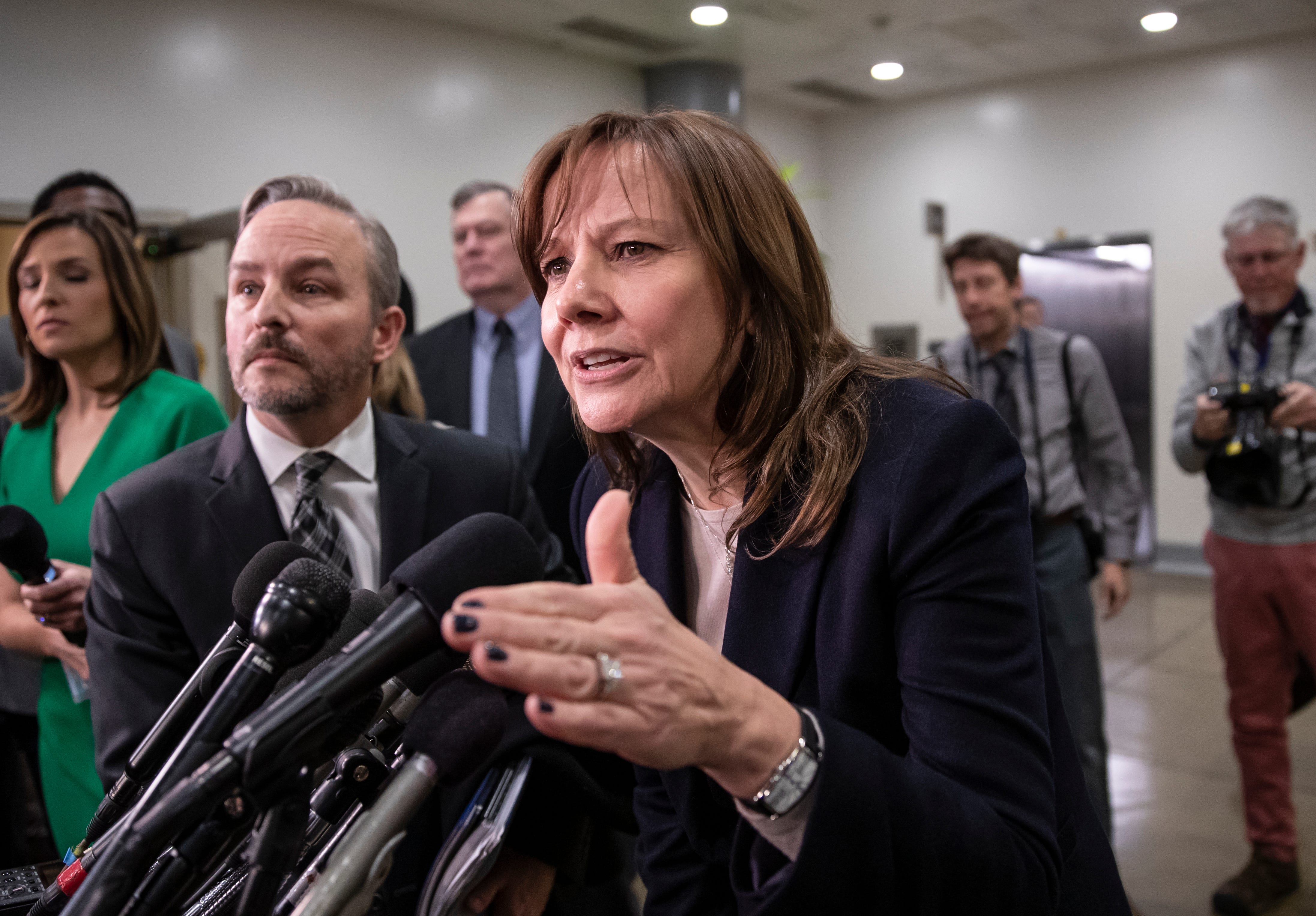 General Motors CEO Mary Barra speaks to reporters after meeting with the Michigan congressional delegation to discuss plans for the massive restructuring by the Detroit-based automaker, on Capitol Hill in Washington, Thursday, Dec. 6, 2018.
