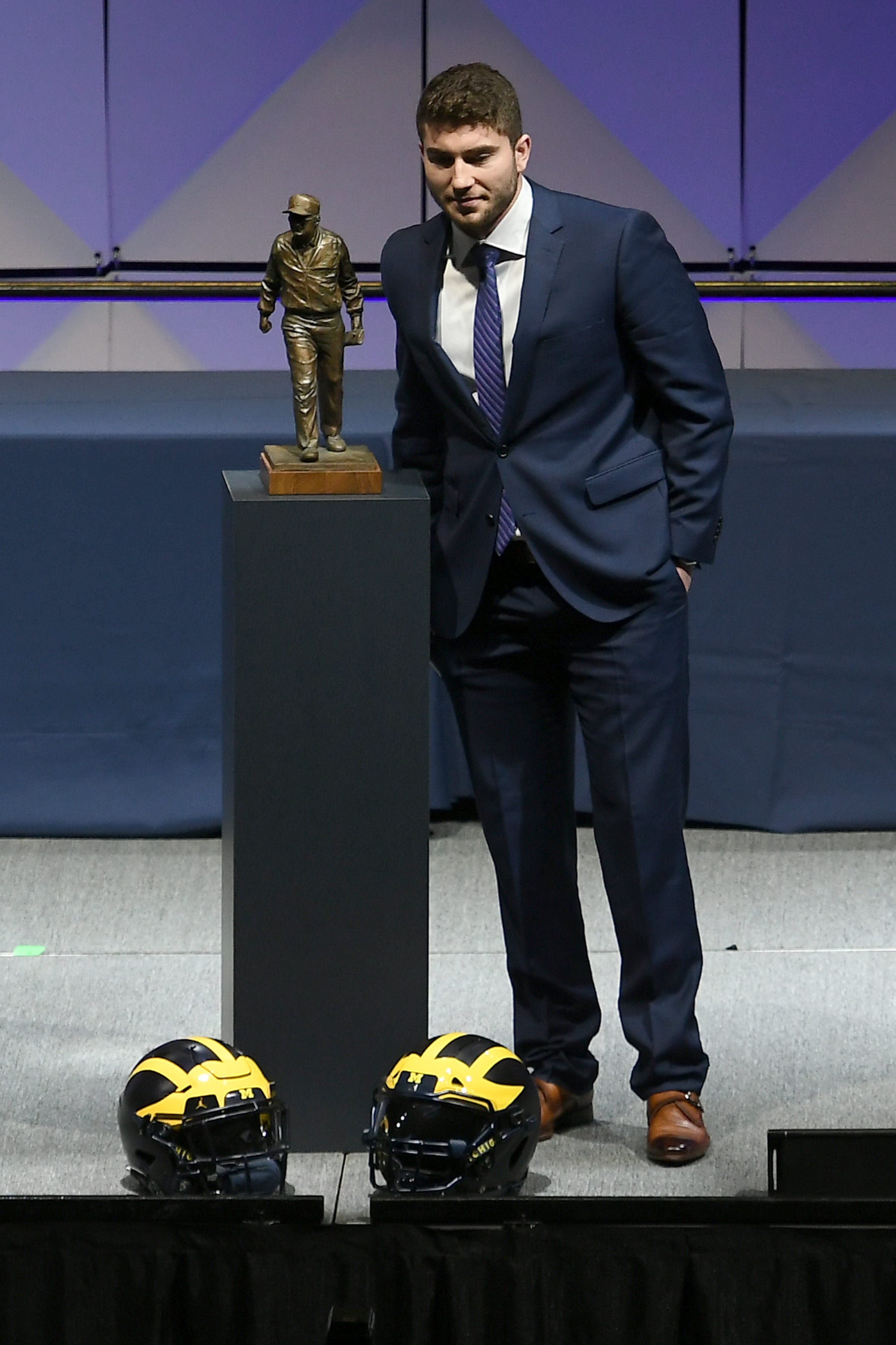 Michigan quarterback Shea Patterson poses after being named Michigan's Offensive Player of the Year.