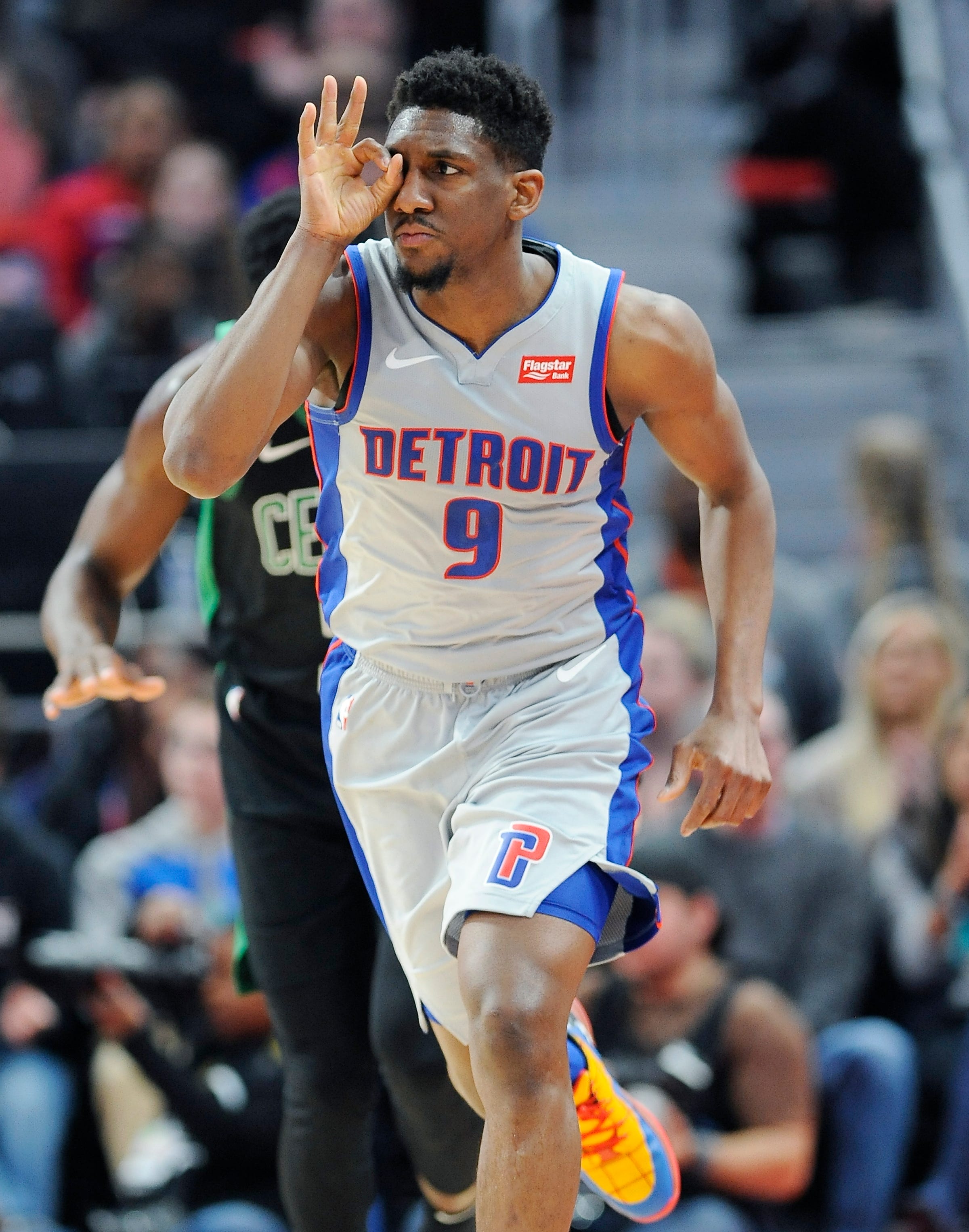 Pistons ' Langston Galloway gives the 3-point sign after making a basket in the second quarter. Galloway had 14 points off the bench.