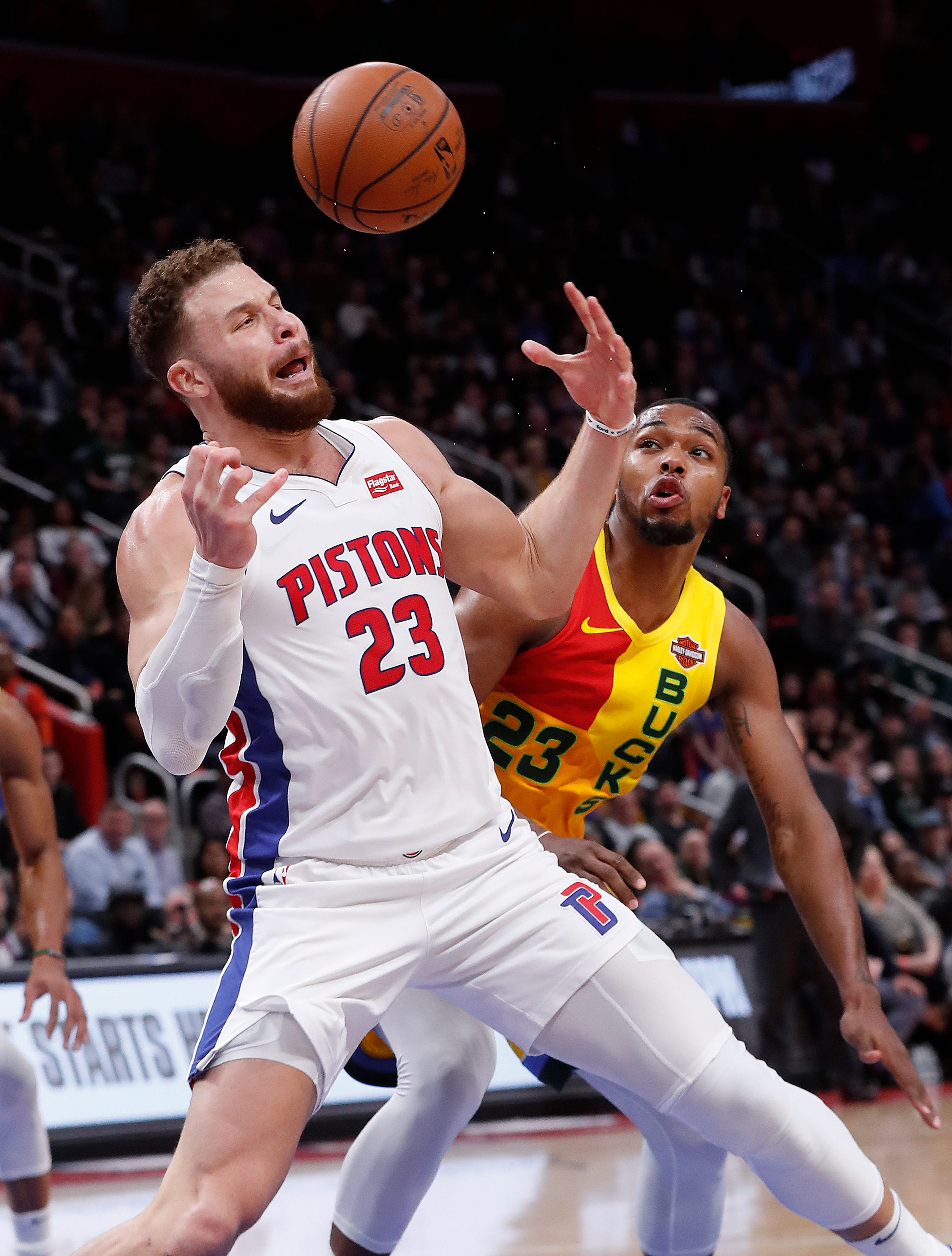 Detroit Pistons forward Blake Griffin loses the ball to Milwaukee Bucks guard Sterling Brown in the second half.