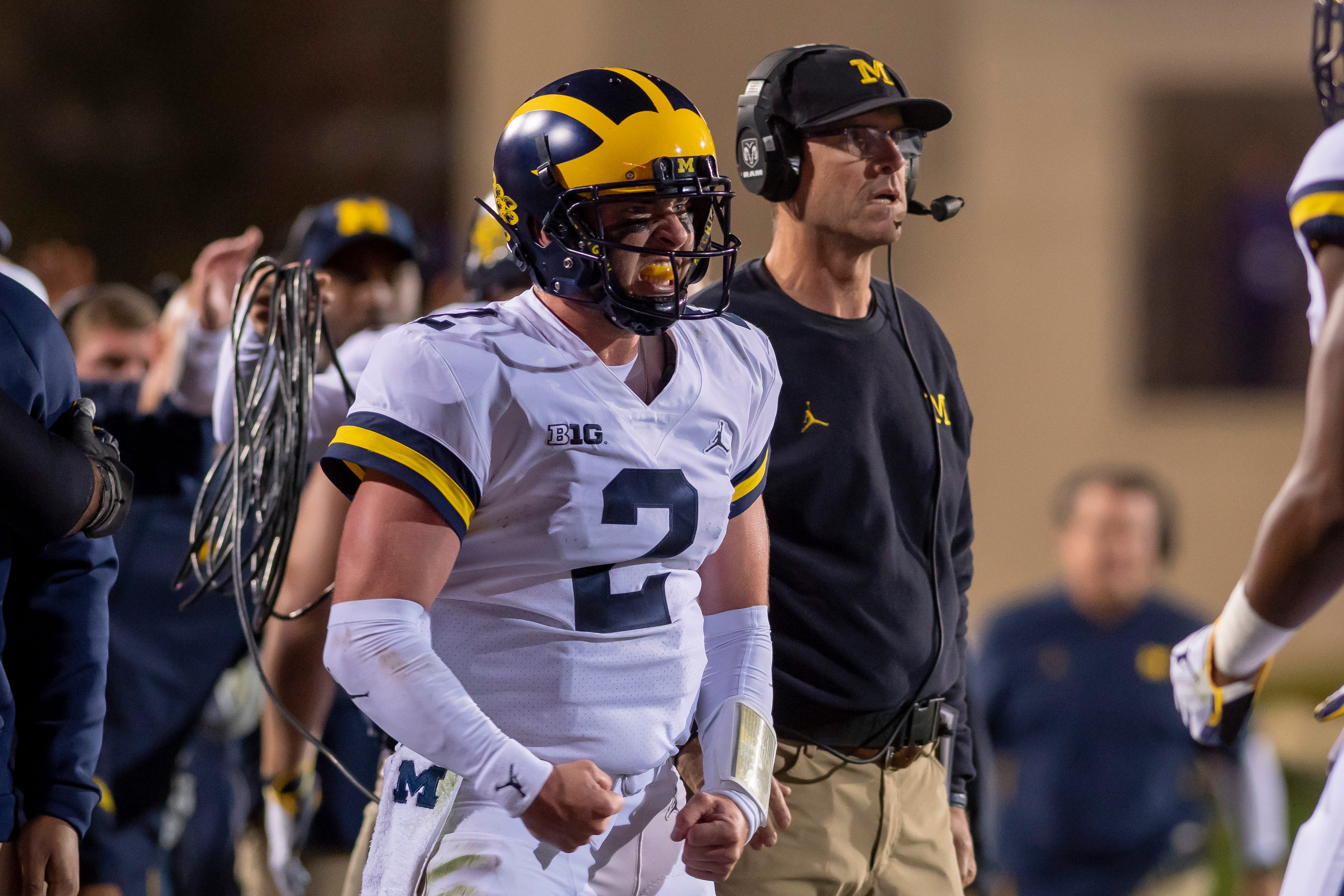 Michigan quarterback Shea Patterson celebrates after Karan Higdon ran for the winning touchdown in the fourth quarter against Northwestern.