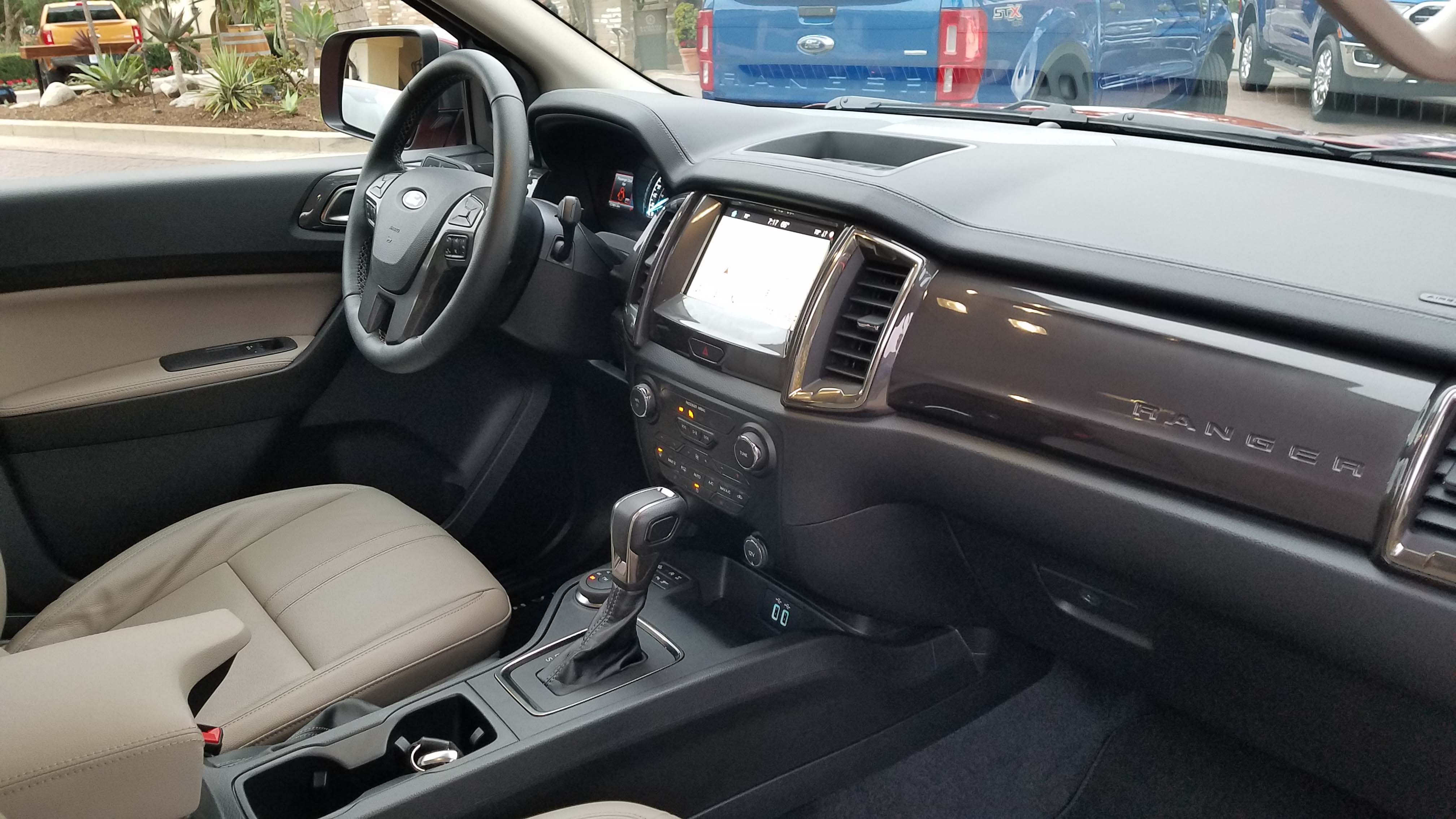 The interior of the 2019 Ford Ranger is upgraded with the latest SYNC 3 infotainment system with Apple CarPlay connectivity. The interior is heavy with plastic, Ford says, for the customer who wants to get it dirty off-road.