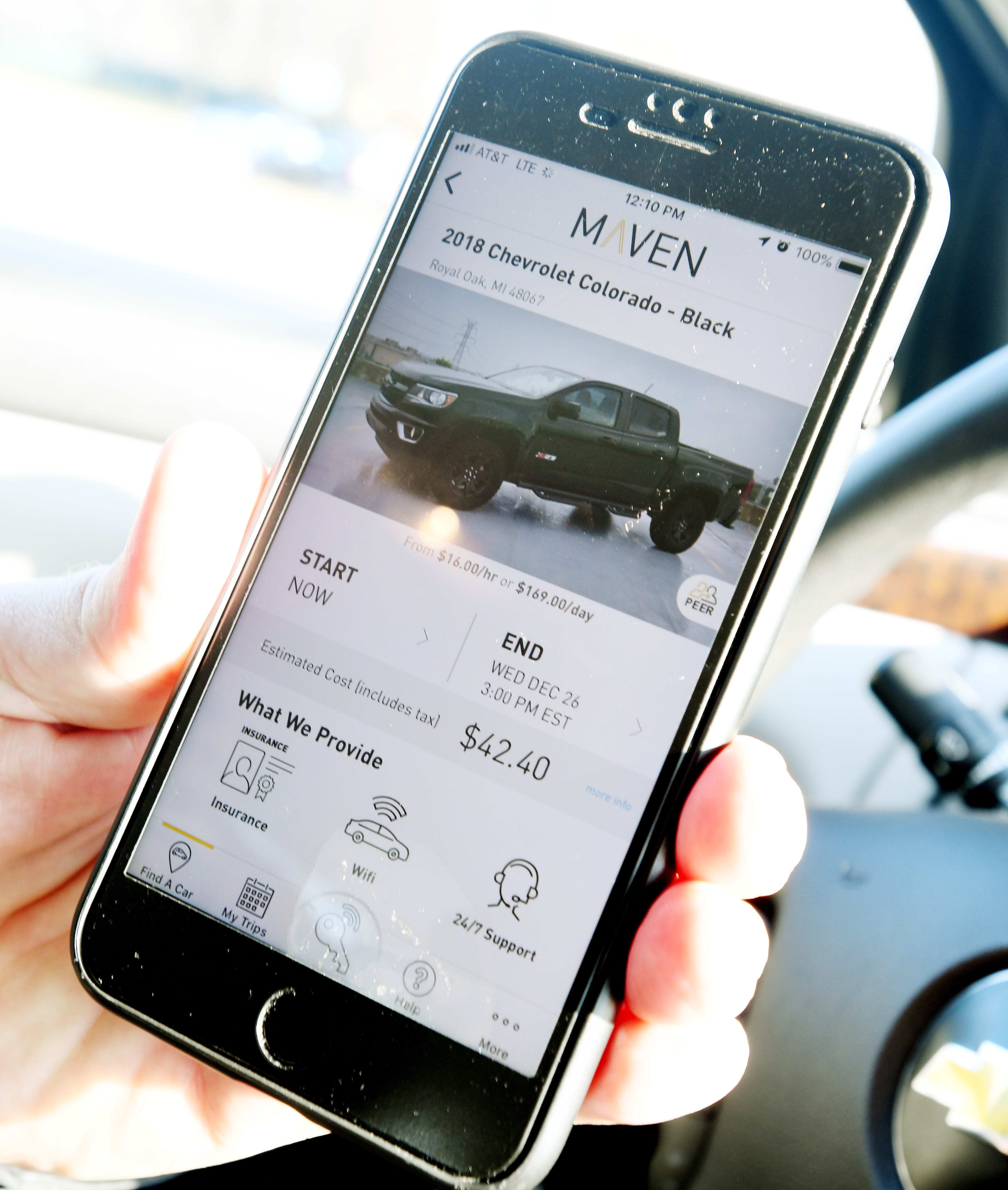 The Maven app vehicle pages show a photo, rental rates per hour or per day and the estimated cost of your specified usage.