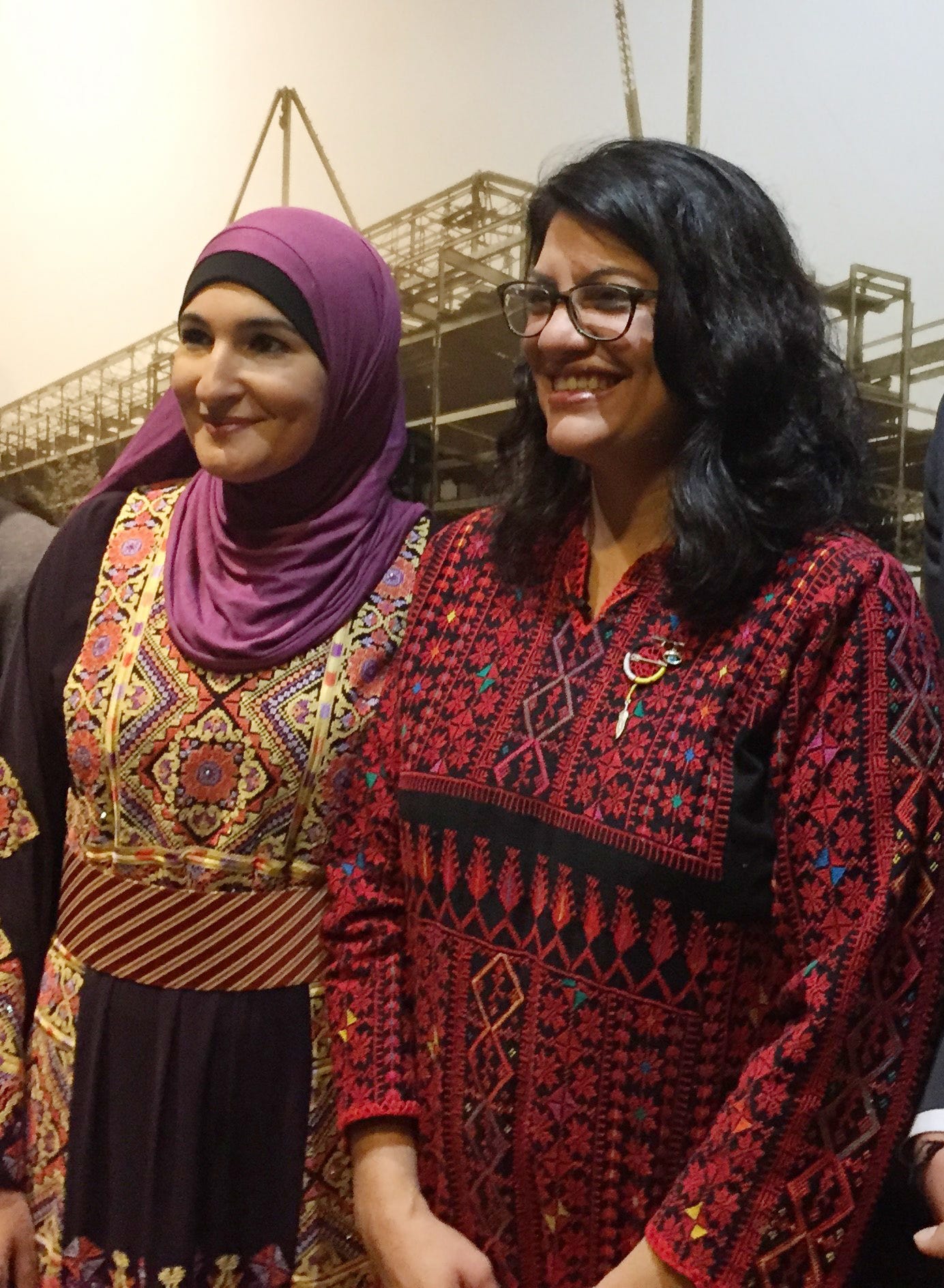Both wearing Palestinian thobes, Rep. Rashida Tlaib poses for a photo with Linda Sarsour, a leader of the Women’s March, on Capitol Hill  in Washington D.C. on Thursday, January 3, 2019.