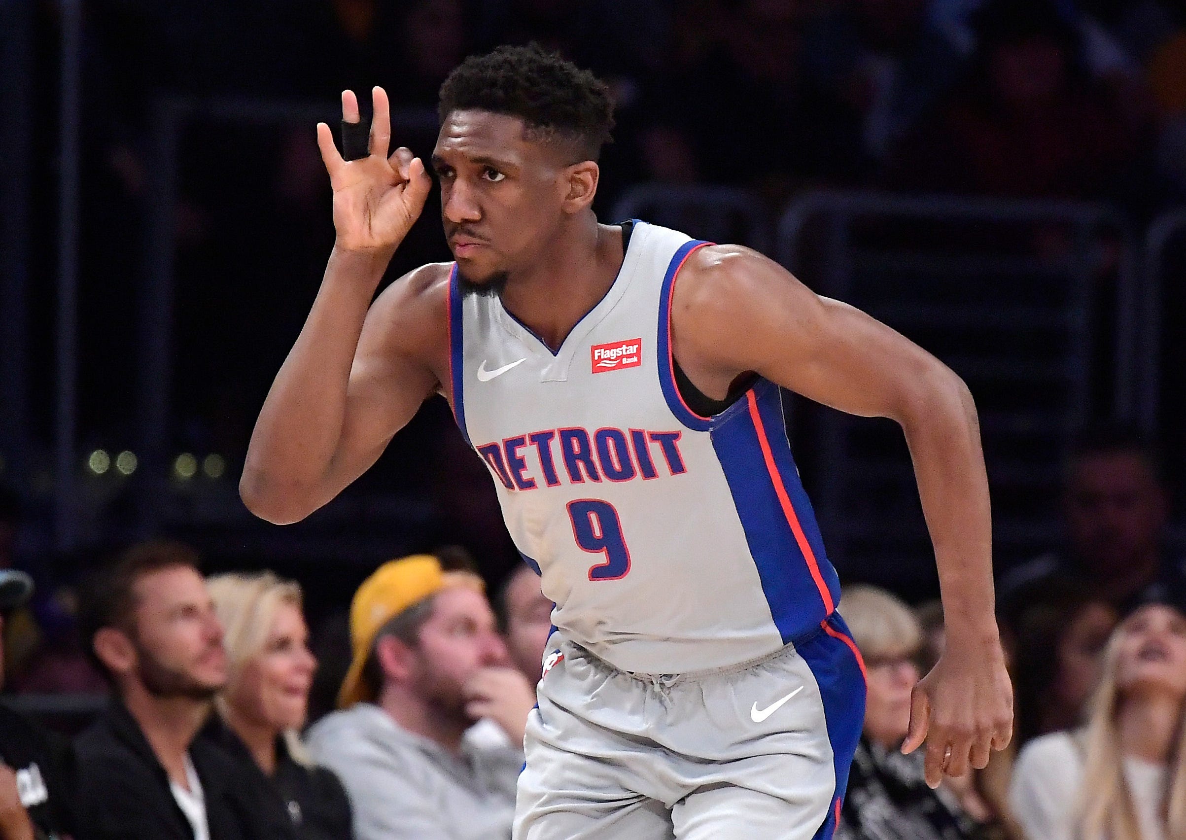 Detroit Pistons guard Langston Galloway gestures after hitting a 3-point shot during the second half.