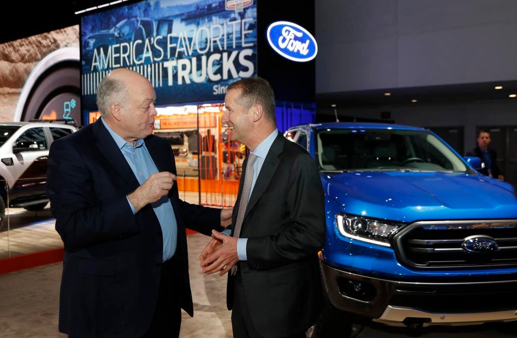 Ford Motor Co. CEO Jim Hackett, left, met with Herbert Diess, who is chairman of the board  Volkswagen Group, at January's Detroit auto show.