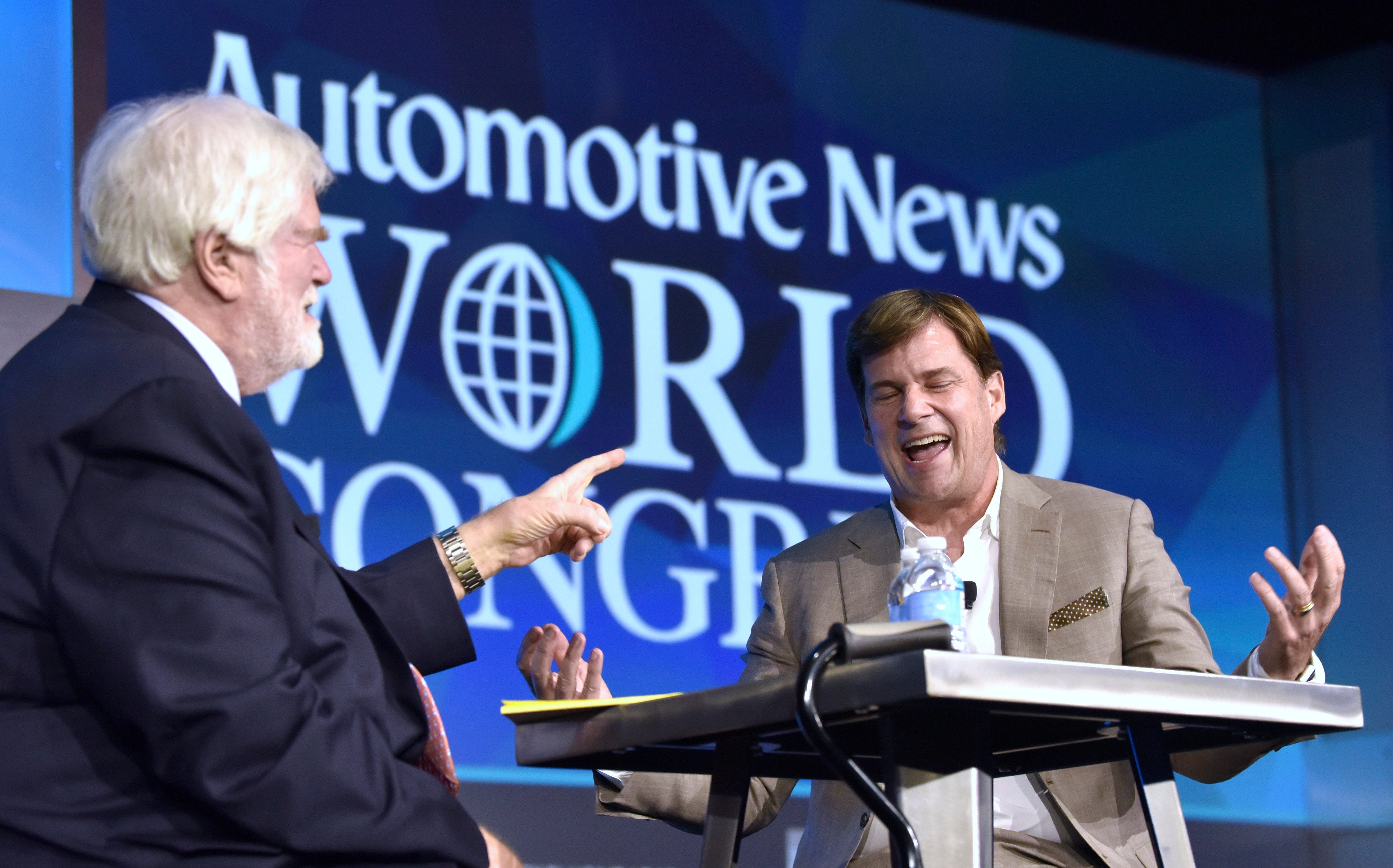 Crain Communications, Inc. Chairman and Automotive News Editor-in-Chief Keith Crain, left, interviews Jim Farley, president global markets, at Ford Motor Company, on stage during the NAIAS Automotive News World Congress in the Renaissance Ballroom on Tuesday.