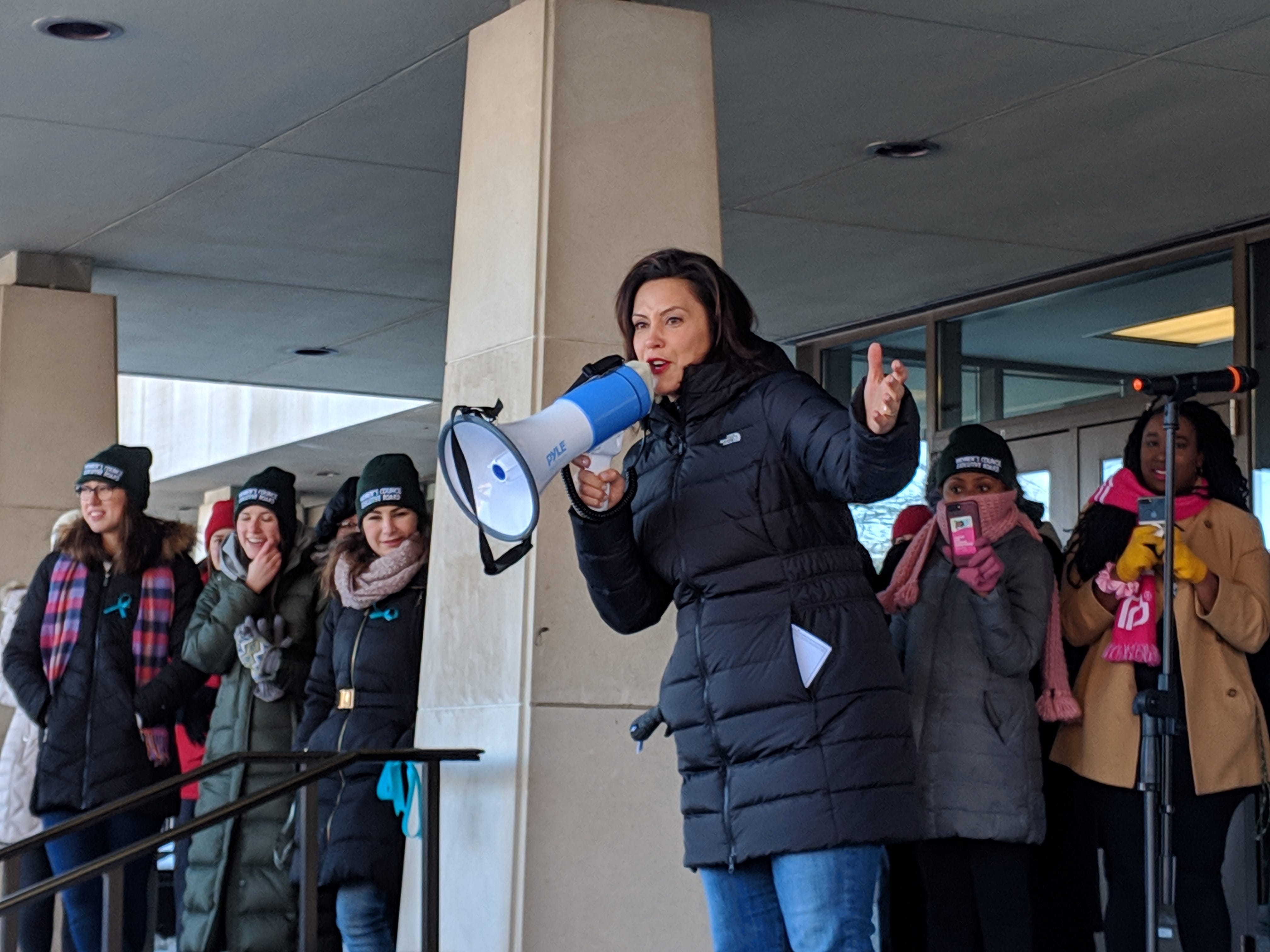 Gov. Gretchen Whitmer speaks at an MSU women's march on Jan. 20, 2019.