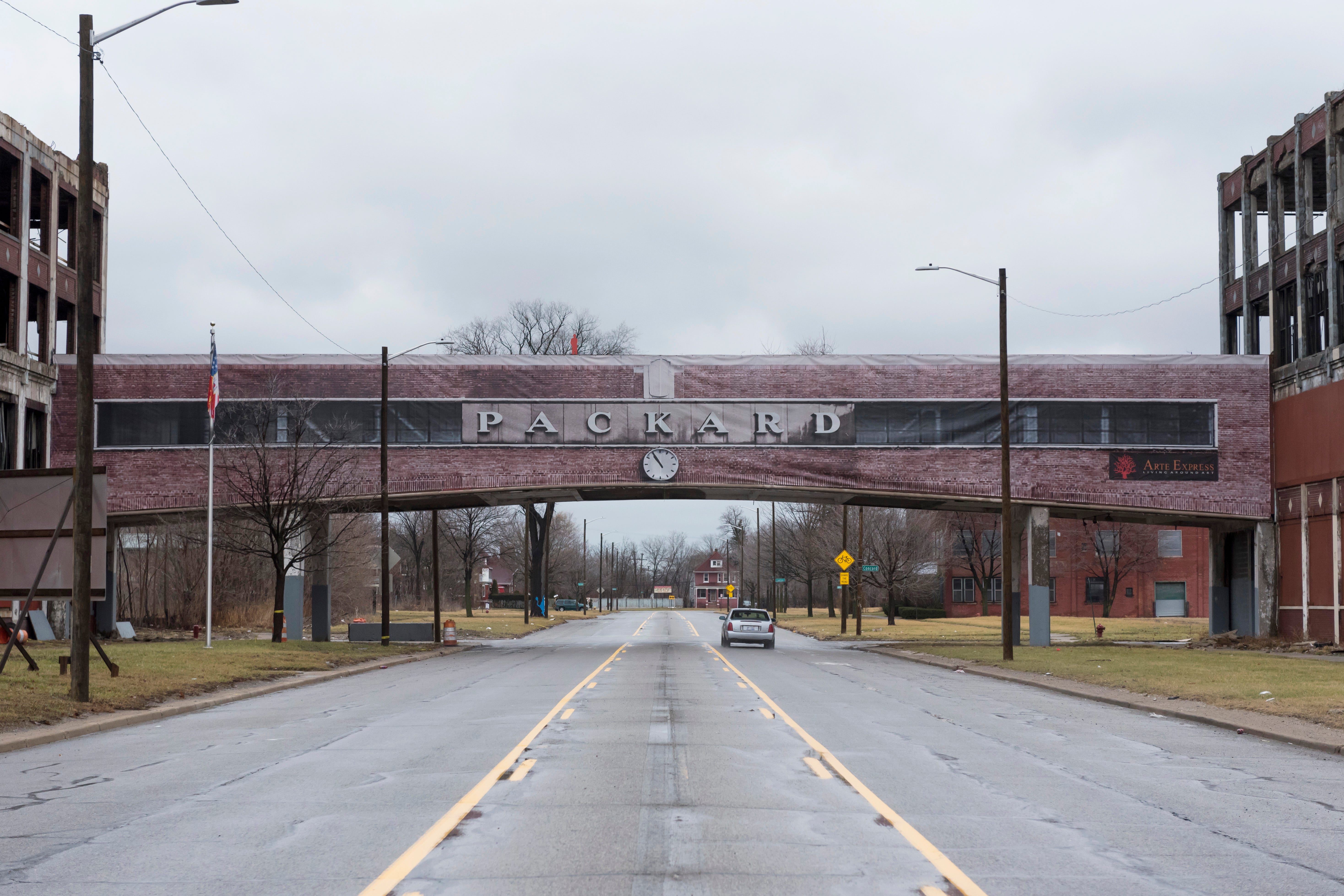 The Packard Plant bridge is shown Feb. 21, 2018, with a covering to make it look like it did in its heyday.