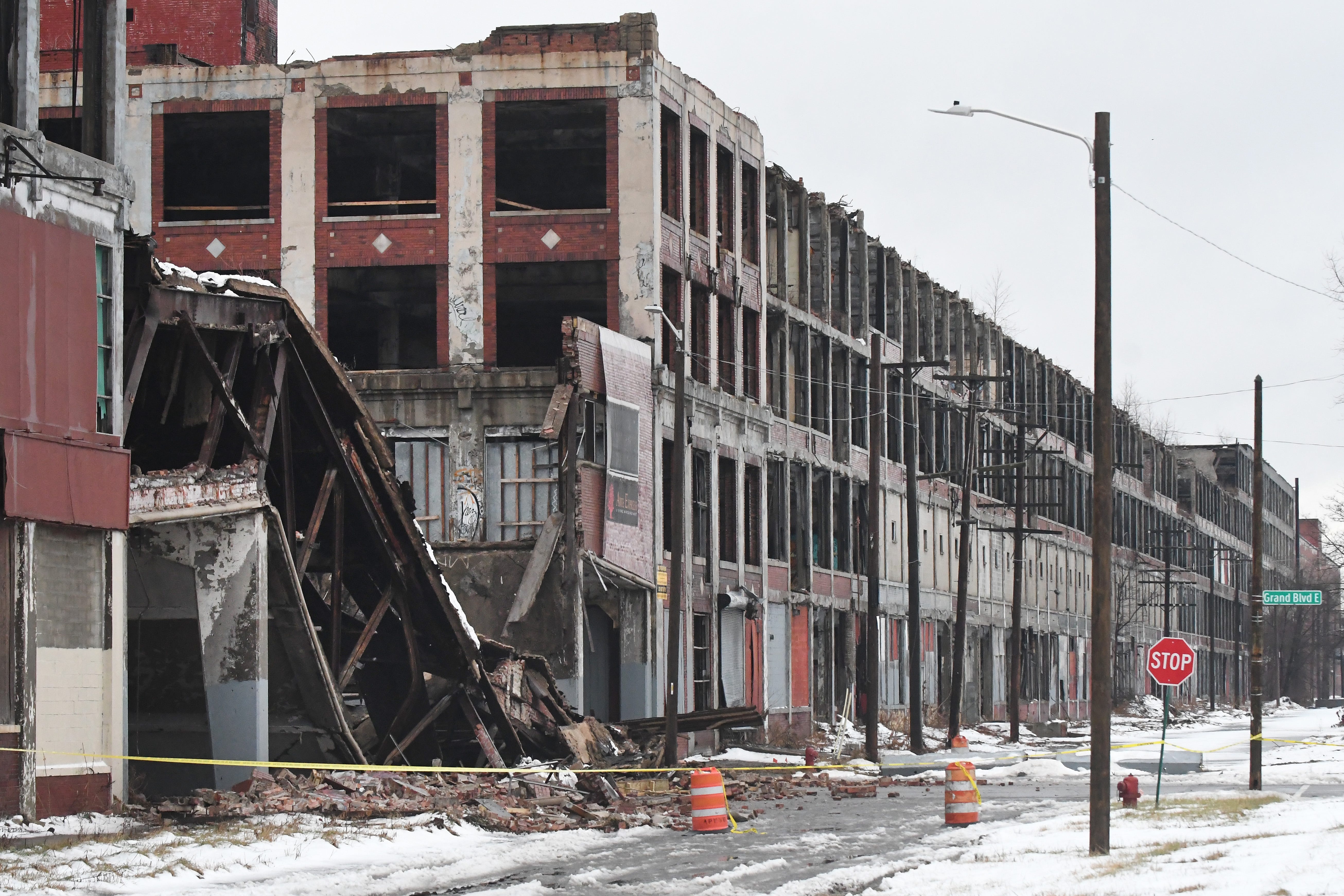 Packard Plant bridge collapses over E. Grand Blvd., looking North, in Detroit, Michigan on January 23, 2019.