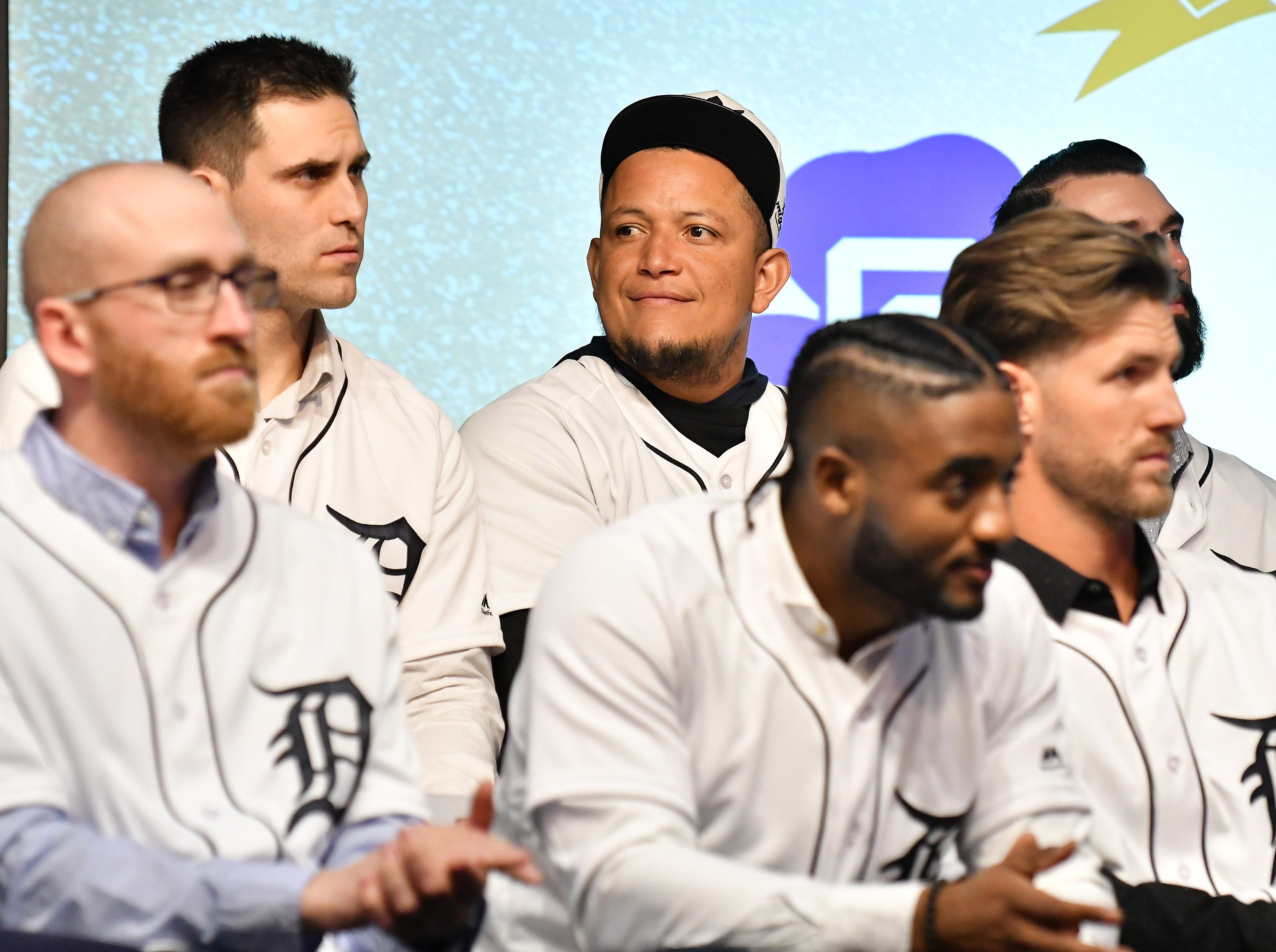 Tigers' Miguel Cabrera with pitcher Matthew Boyd, left, during a stop on the 2019 Detroit Tigers Winter Caravan at the Novi Civic Center in Novi, Mich. on Jan. 24, 2019.