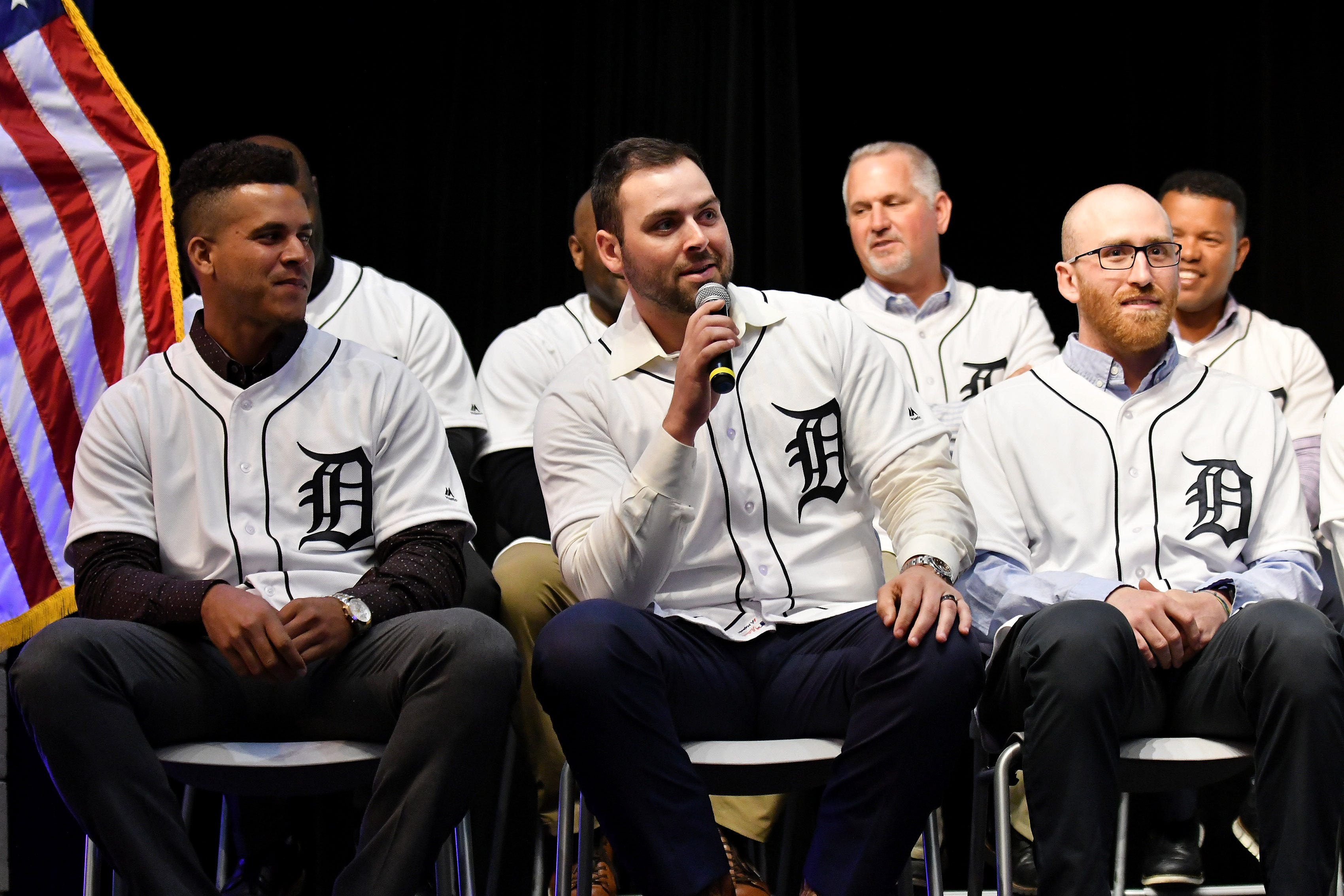 Tigers pitcher Michael Fulmer, center, answers a question and talks about doing some part-time plumbing in the offseason at the Novi Civic Center. Jose Fernandez is at left and Reed Garrett, right.