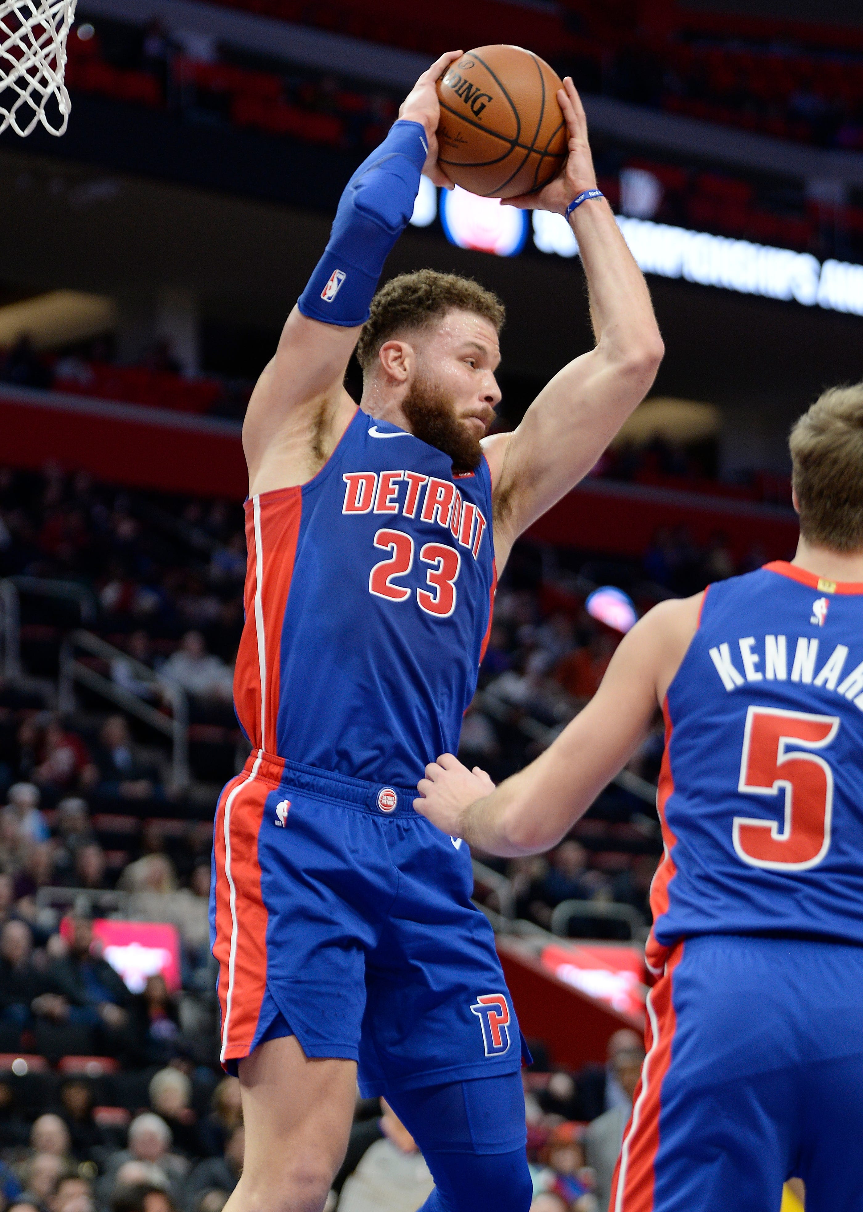 Pistons' Blake Griffin grabs a rebound in the first quarter at Little Caesars Arena, January 29, 2019.