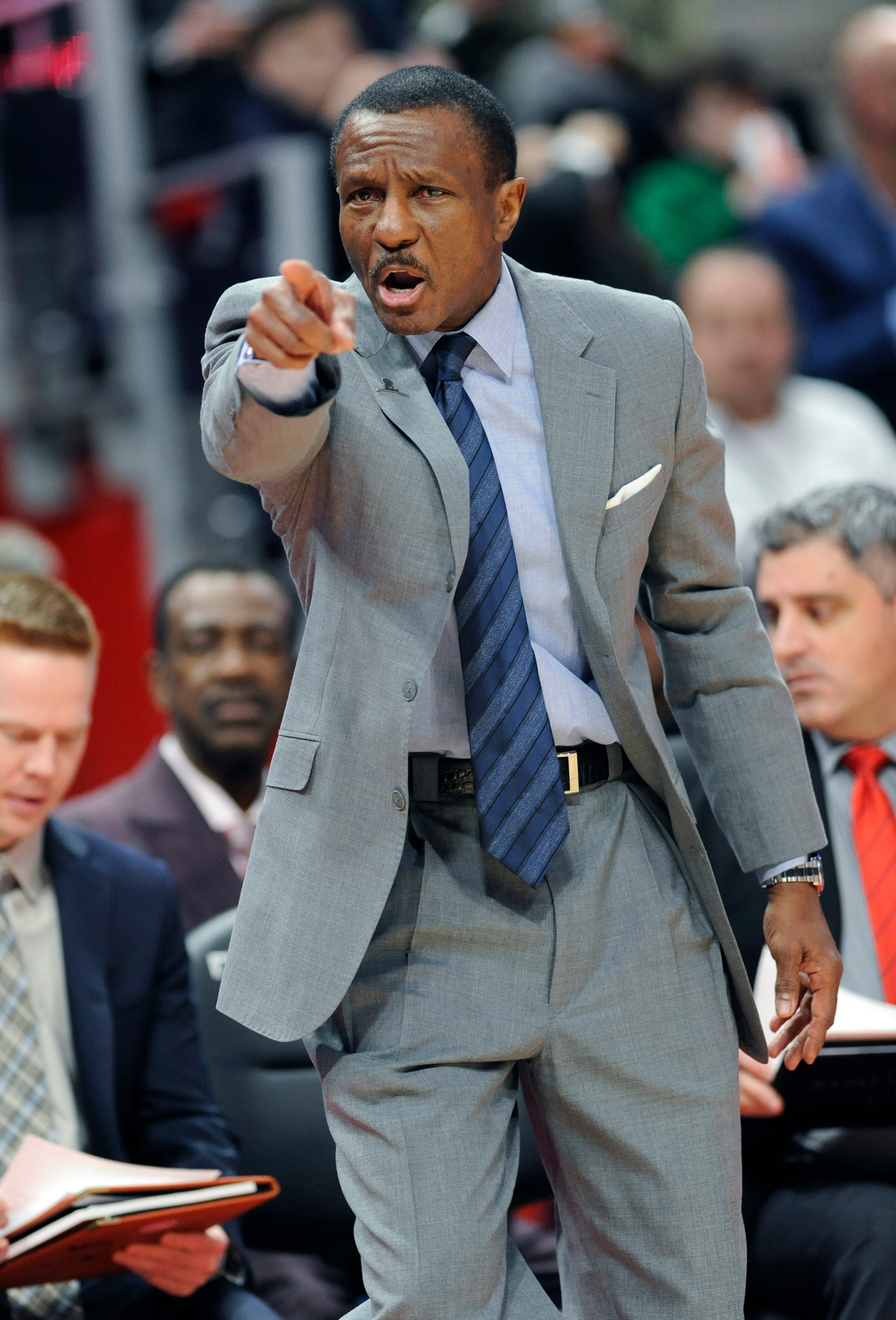 Pistons coach Dwane Casey argues a call in the second quarter.