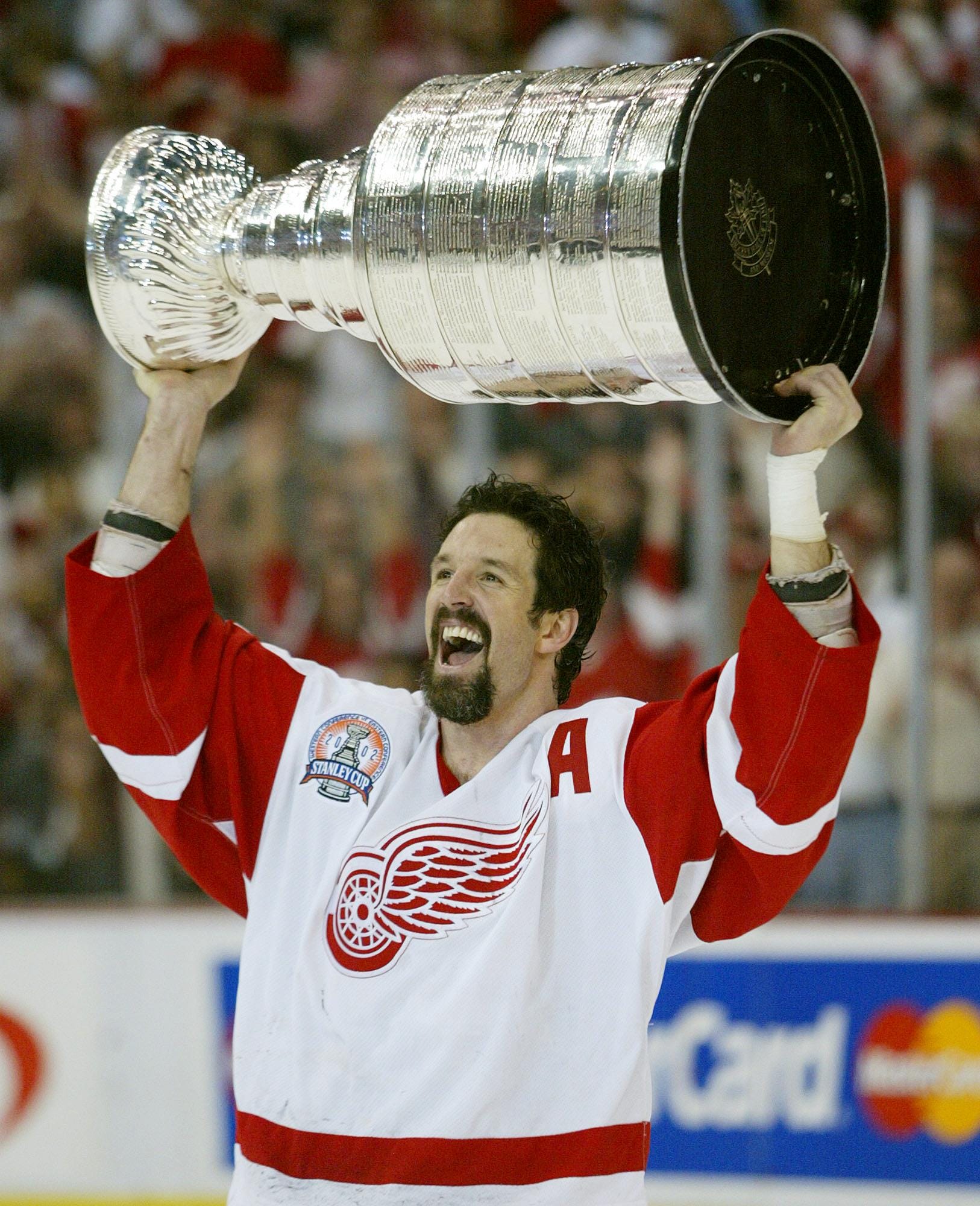 Forward Brendan Shanahan helped the Red Wings win three Stanley Cup championships.