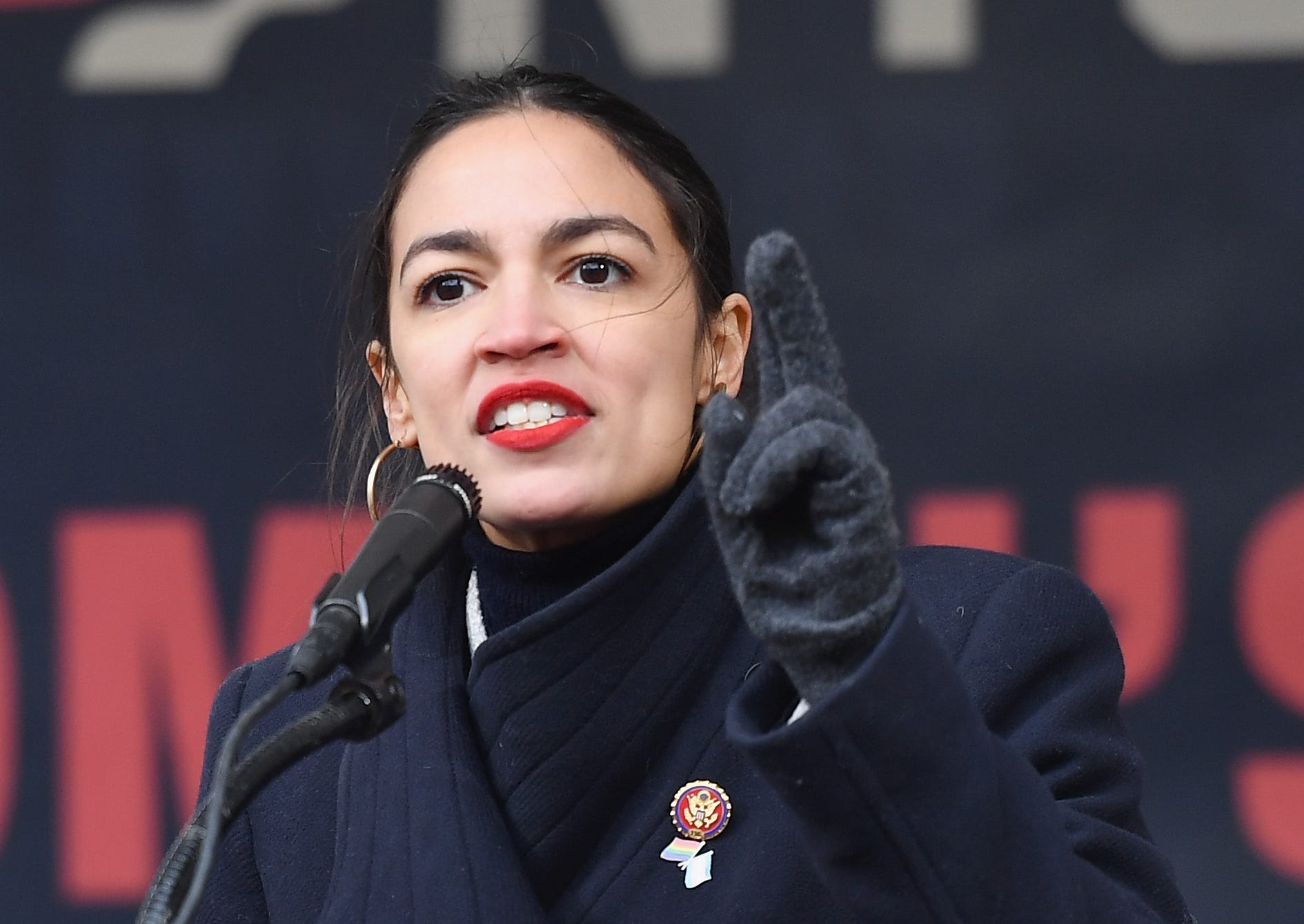 US Representative Alexandria Ocasio-Cortez (D-NY) speaks during the Women's Unity Rally at Foley Square on January 19, 2019 in New York City.