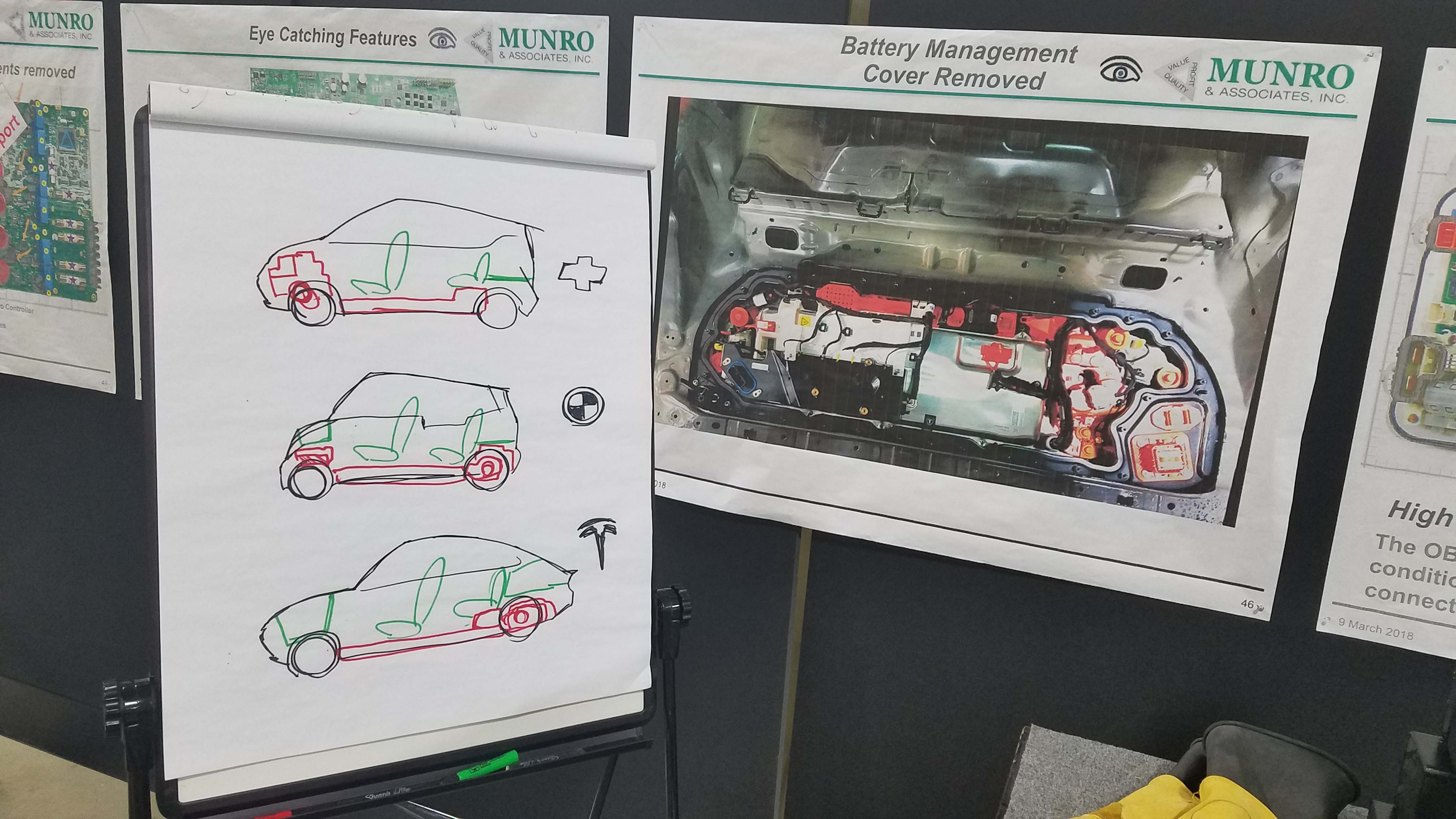 An illustration of the different, lithium-ion, electric drive-trains in the Chevy Bolt, BMW i3, and Tesla Model 3. In the background is a picture of where the Model 3 control systems fit in a module under the rear seat.