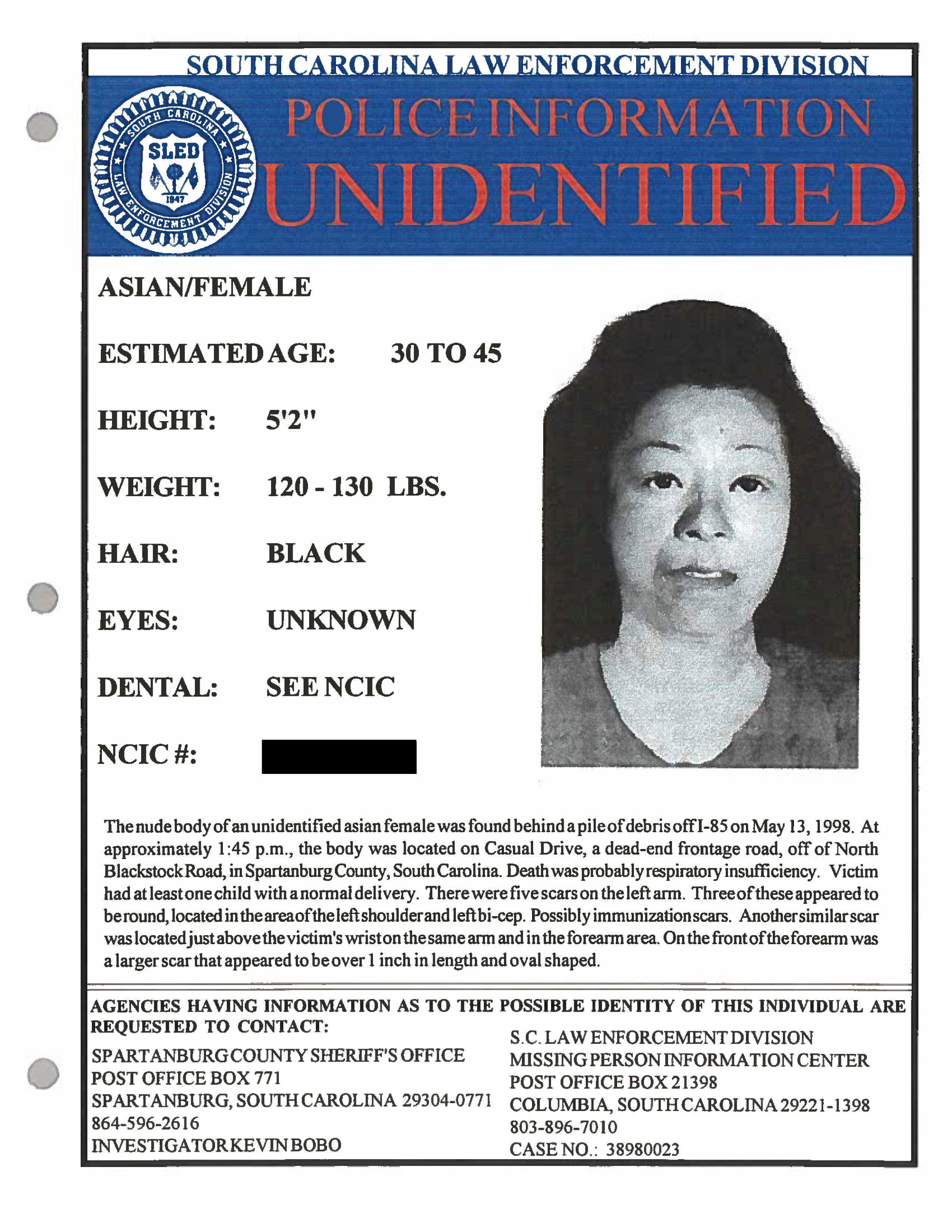 Myoung Hwa Cho is shown on a poster provided by the Spartanburg County, South Carolina, Sheriff's Office.