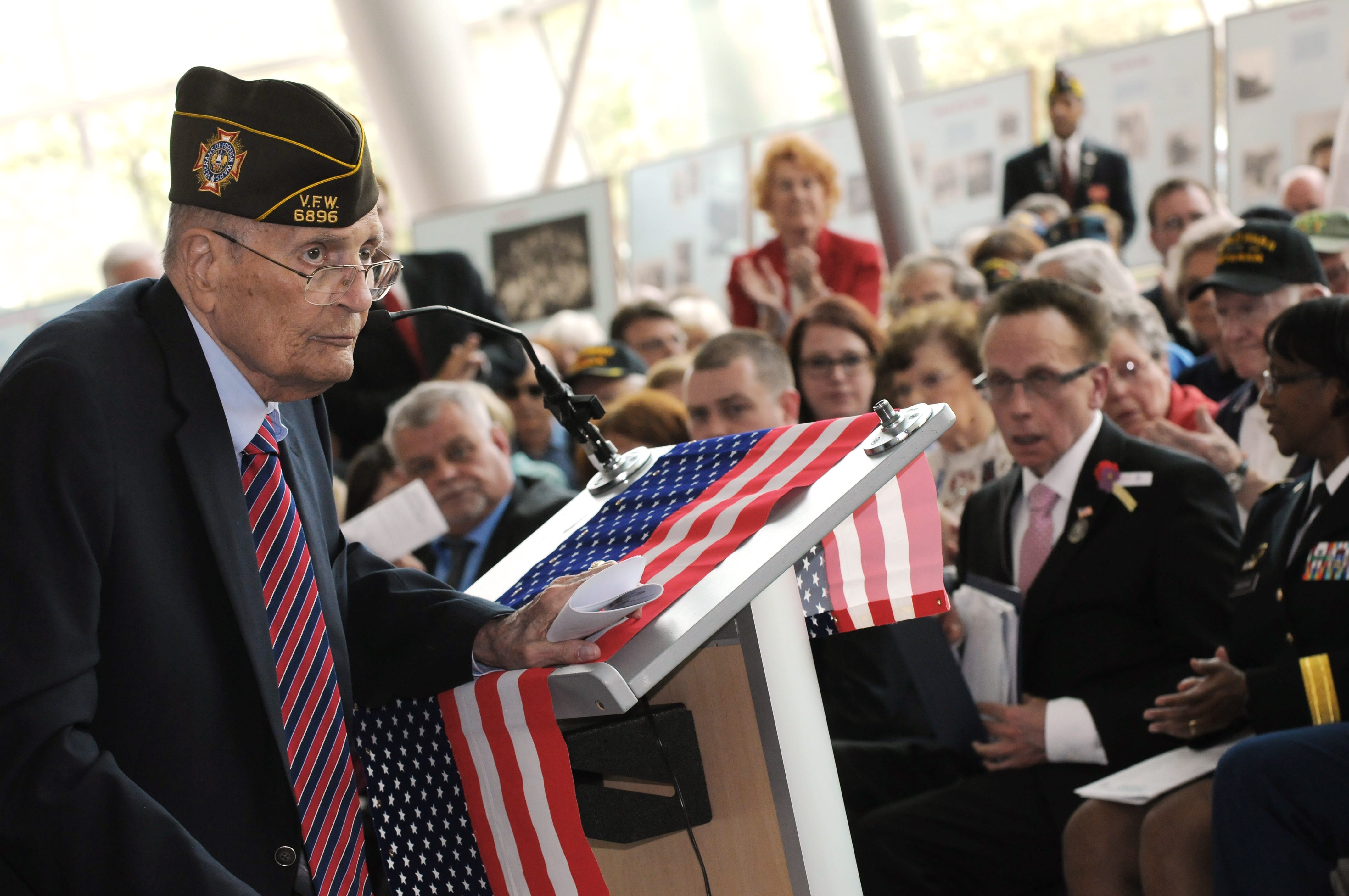 Retired U.S. Rep. John Dingell speaks at  the City of Warren's celebration of the 70th anniversary of the end of WWII at Warren City Hall, May 8, 2015.