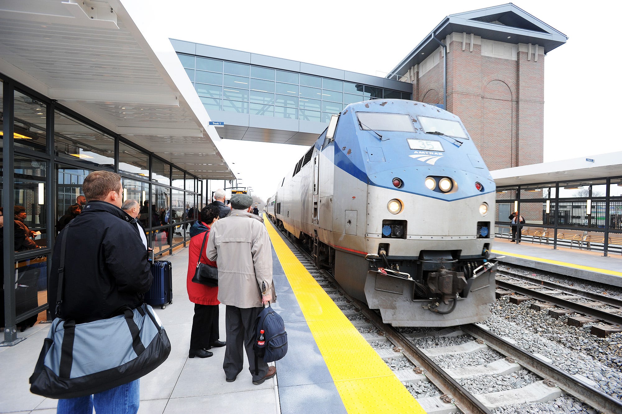 A Chicago bound train arrives after the dedication of the John Dingell Transit Center in Dearborn, December 15, 2014.