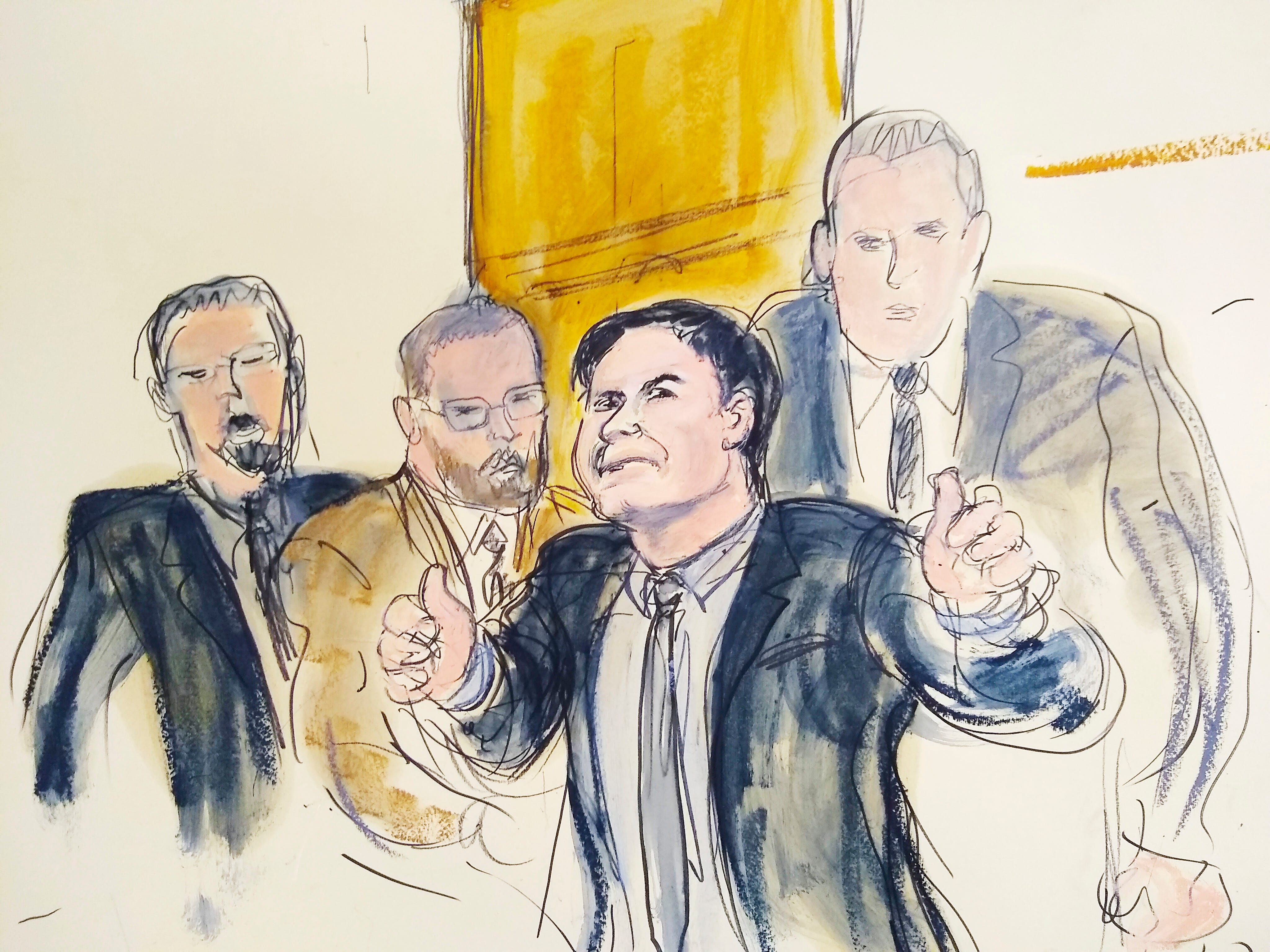 In this courtroom drawing, Joaquin "El Chapo" Guzman, second from right, accompanied by US Marshalls, gestures a "thumbs up" to his wife, Emma Coronel Aispuro, as he leaves the courtroom, Tuesday, Feb. 12, 2019, in New York.