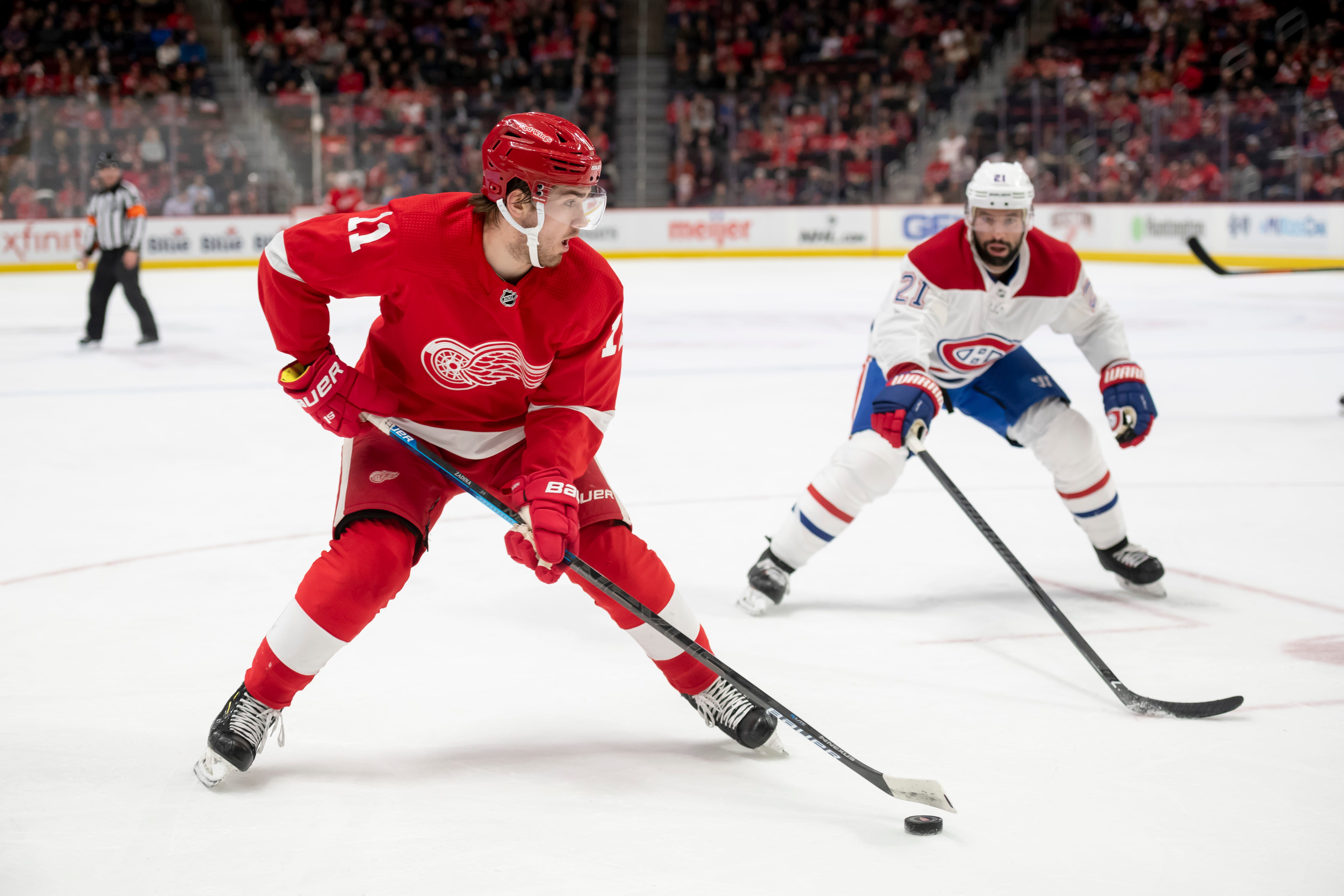 Red Wings head coach Jeff Blashill says right wing Filip Zadina (11), playing in his sixth NHL game Saturday night, has looked "more dangerous" each game.