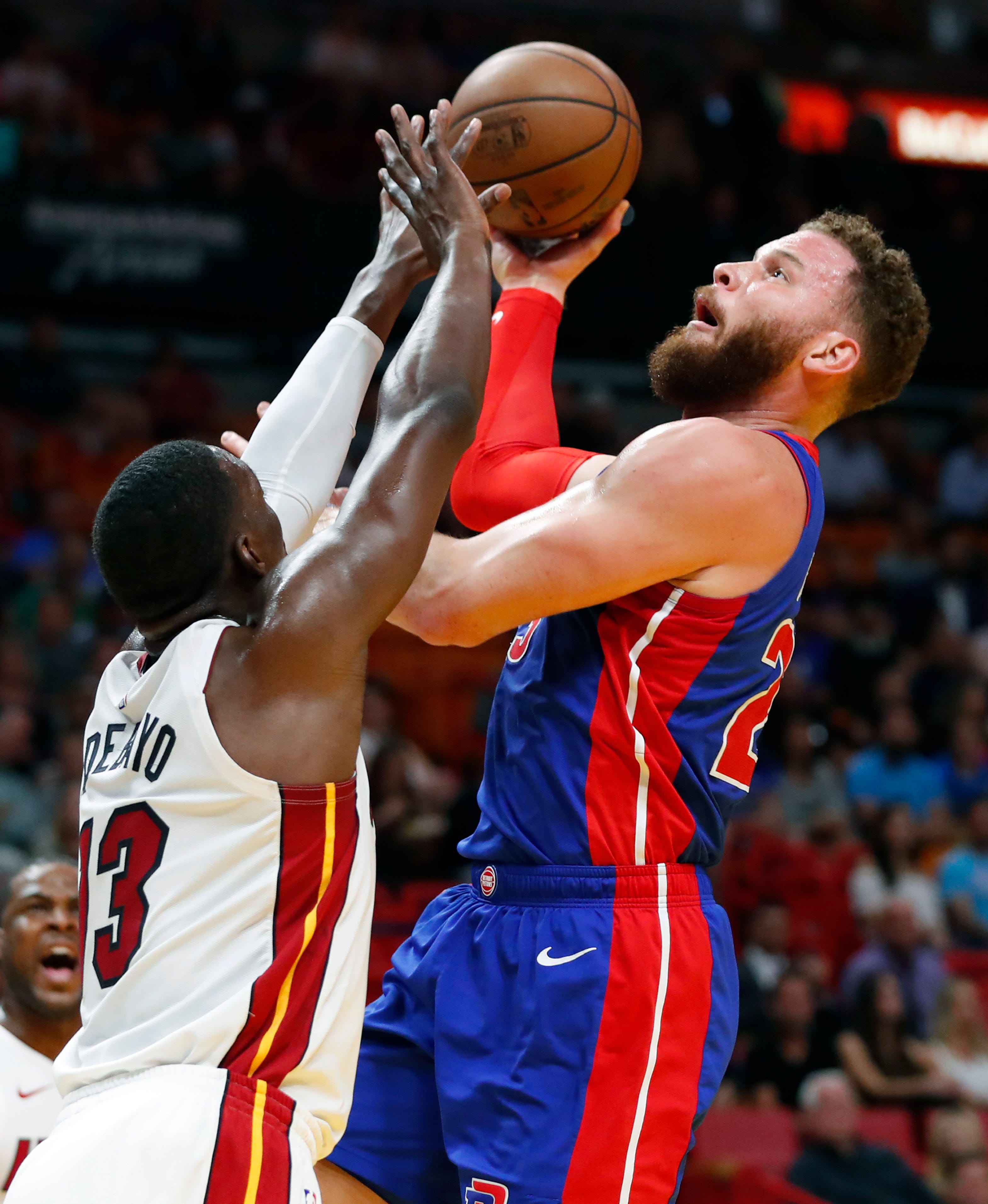 Detroit Pistons forward Blake Griffin (23) shoots against Miami Heat center Bam Adebayo (13) during the first half.
