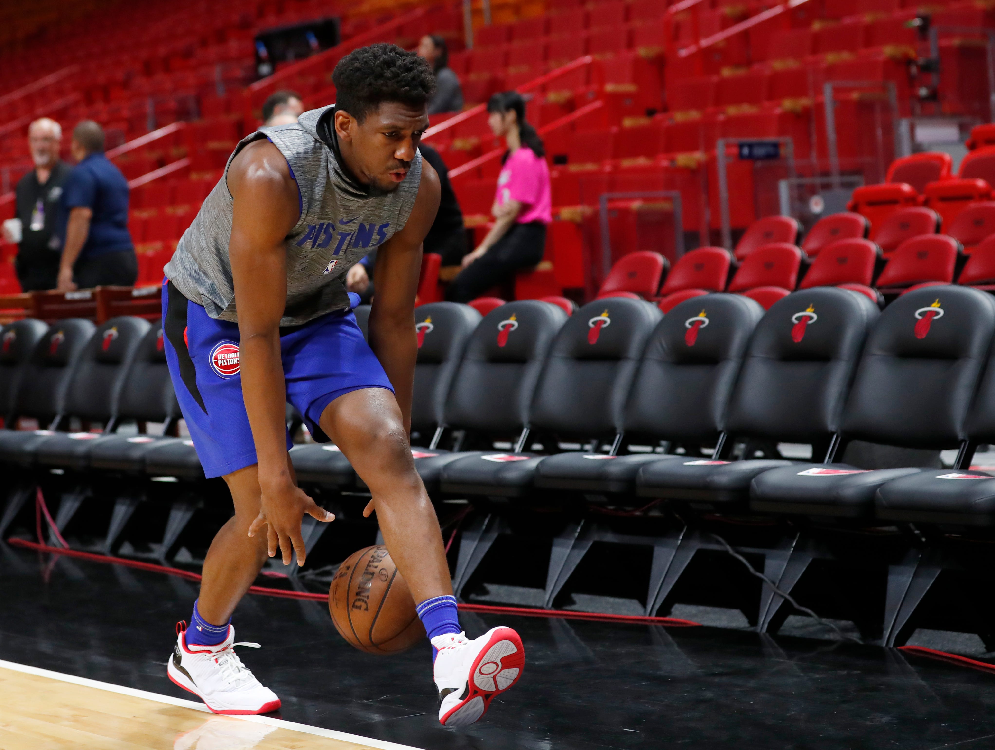 Detroit Pistons guard Langston Galloway warms up before the start of an NBA basketball game against the Miami Heat.