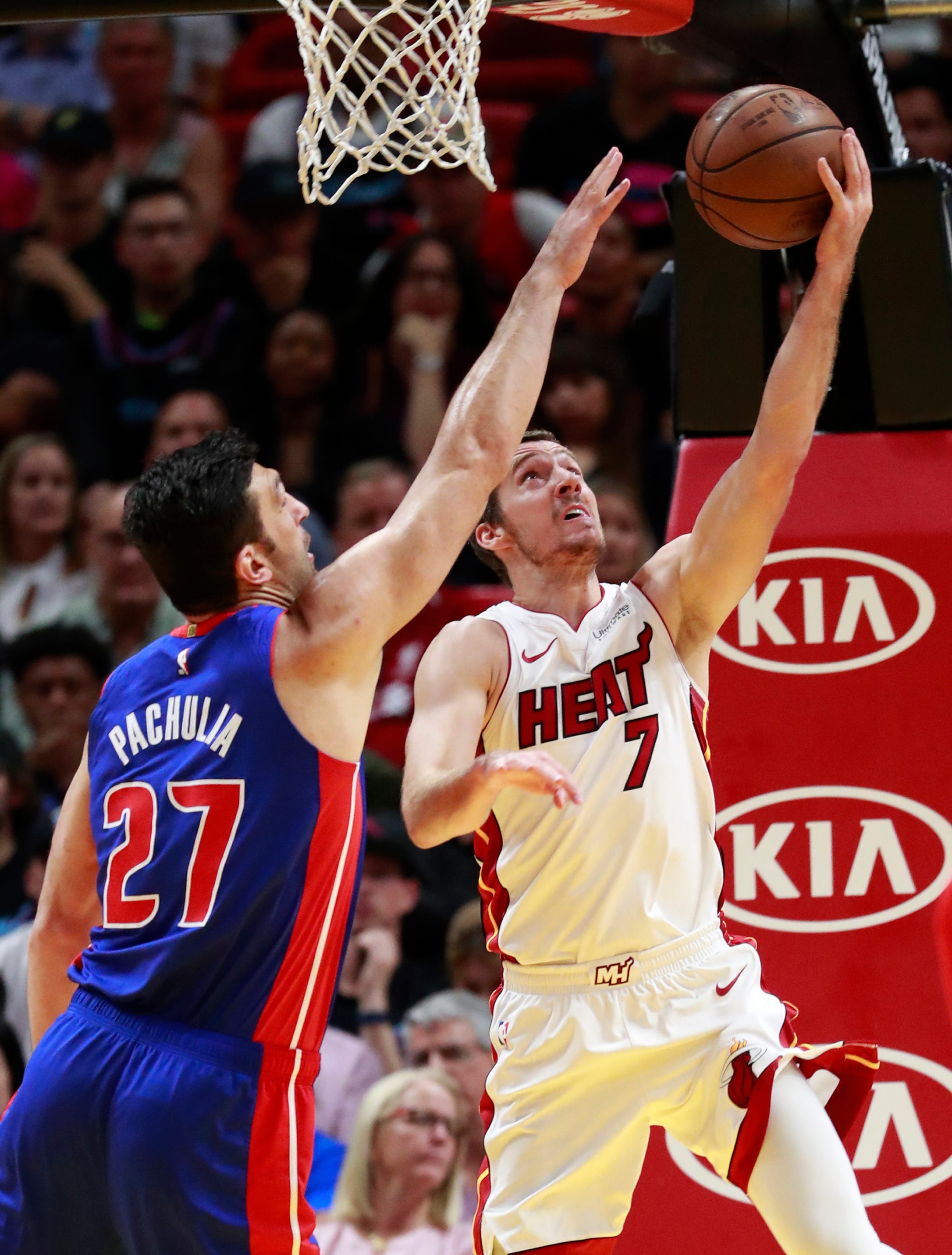 Miami Heat guard Goran Dragic (7) shoots against Detroit Pistons center Zaza Pachulia (27) during the first half.