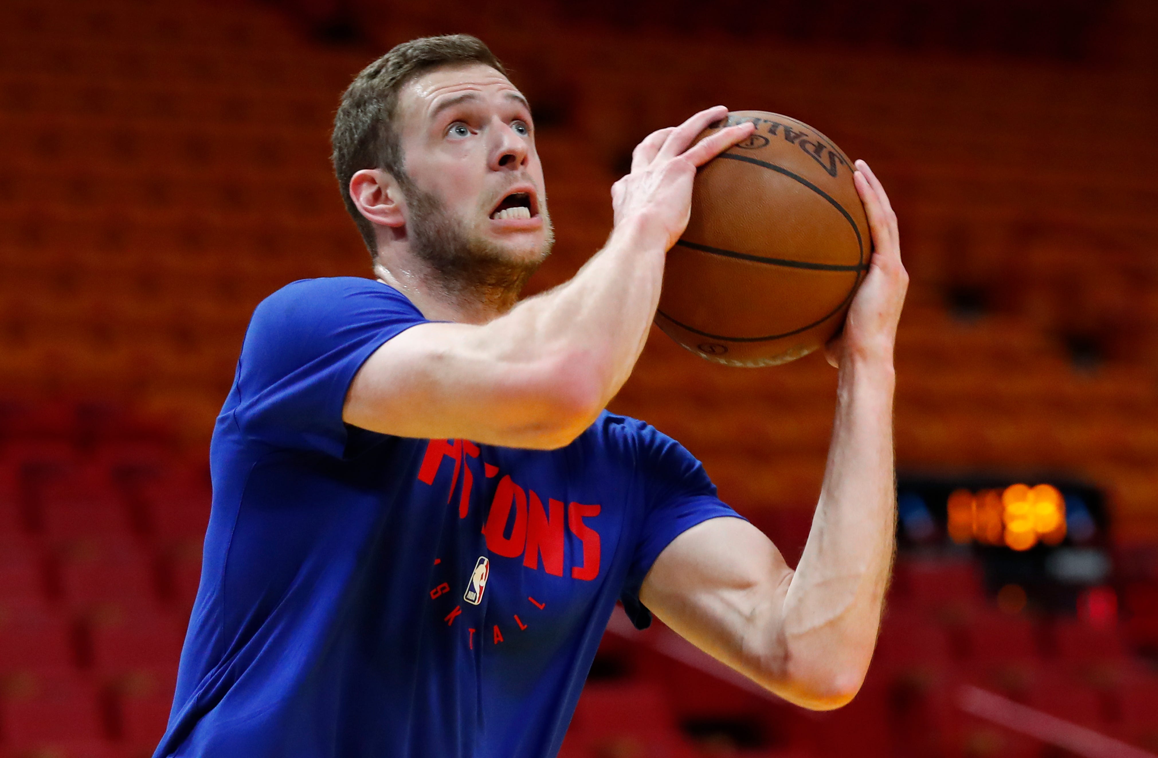 Detroit Pistons forward Jon Leuer warms up before the start of an NBA basketball game against the Miami Heat.