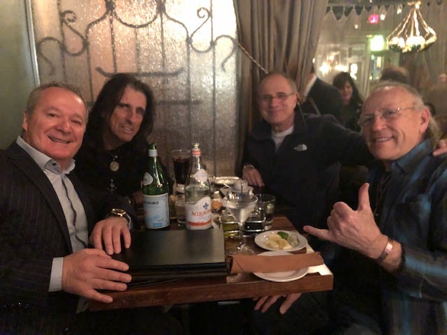 From left, Bella Piatti owner, Nino Cutraro with legendary rocker Alice Cooper, music producer Bob Ezrin, and Mark Farner from Grand Funk Railroad.
