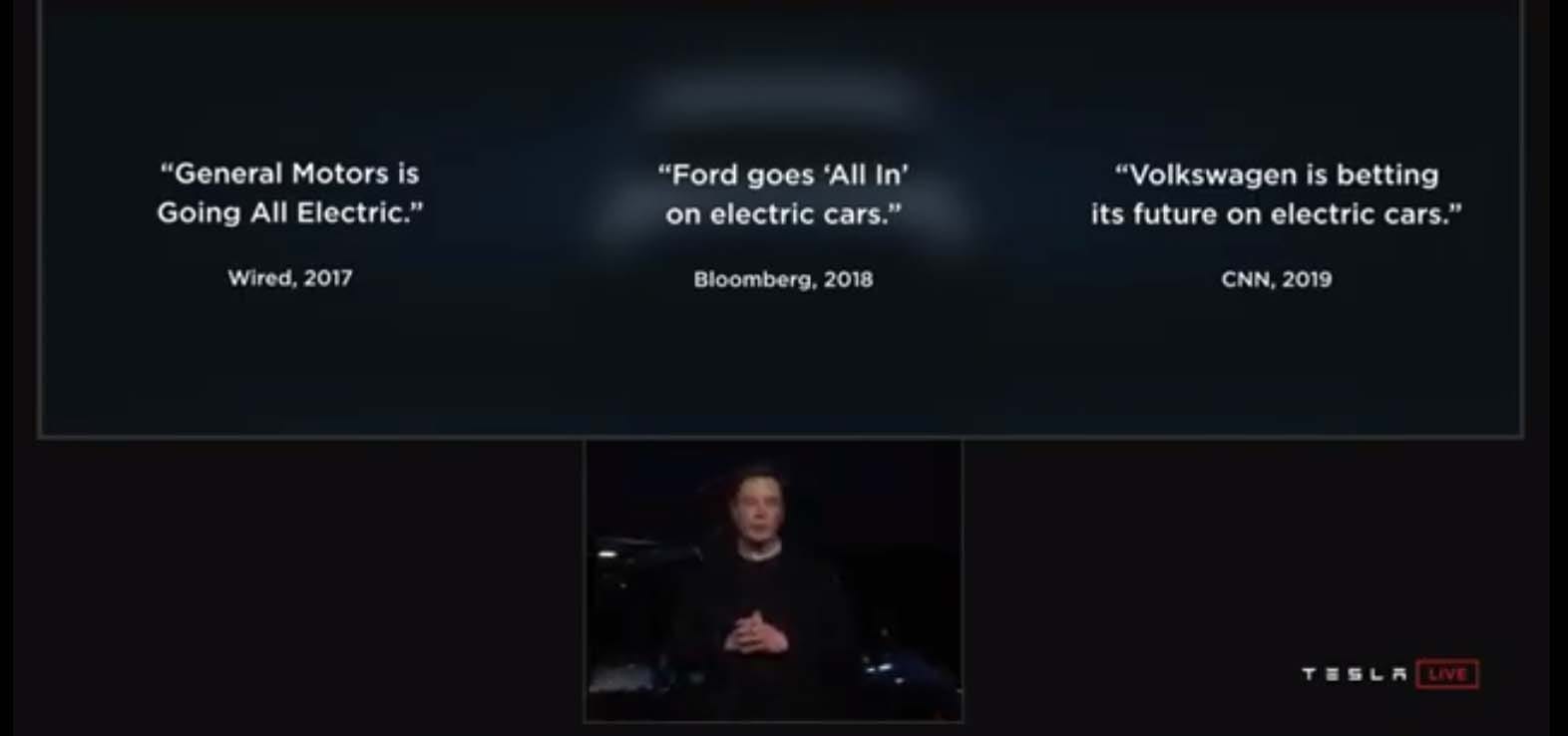 At his news conference introducing the Tesla Model Y SUV, CEO Elon Musk took credit for other automakers following his lead into electric vehicles. "Our goal all along has been to get the rest of the industry to go electric."