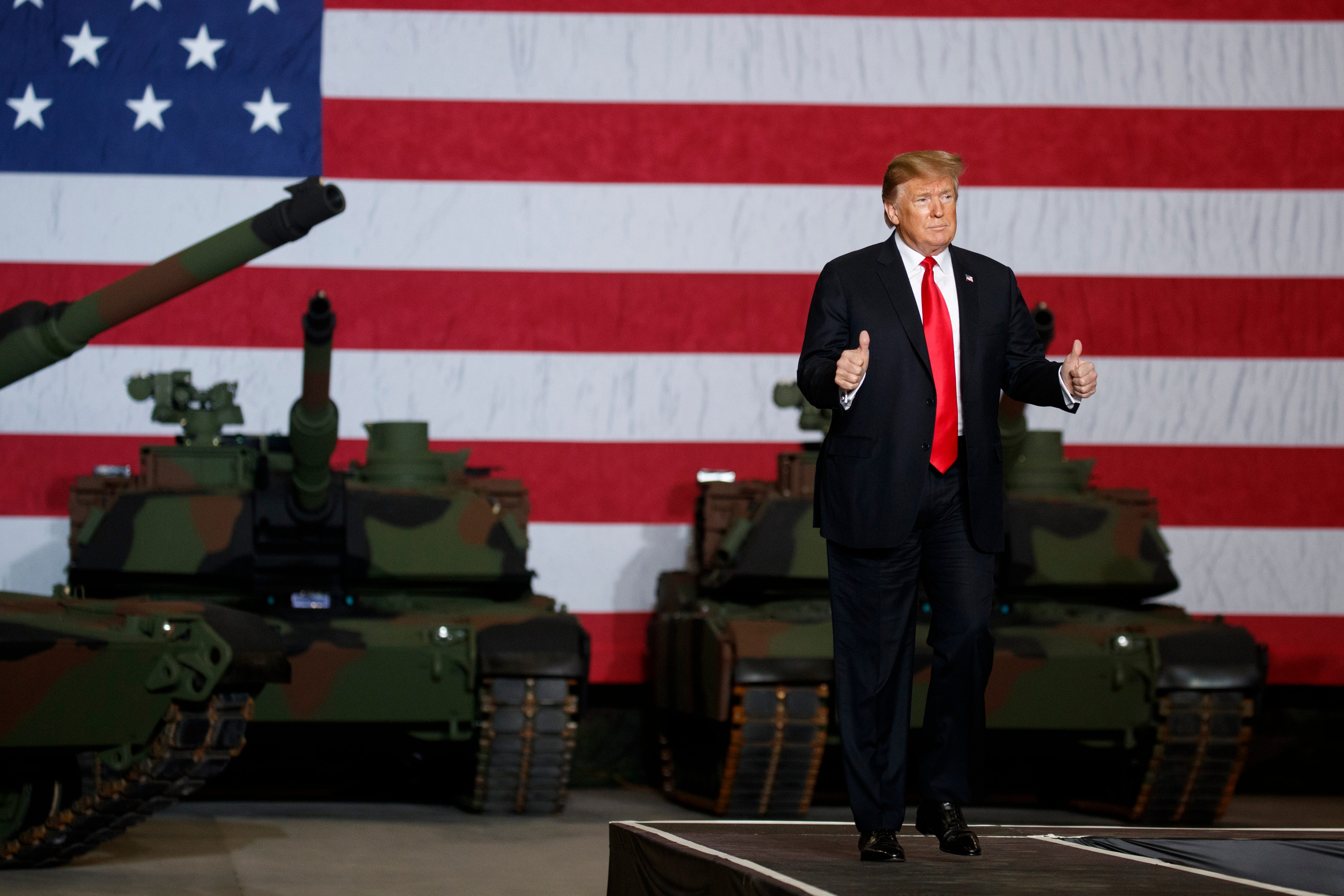 President Donald Trump arrives to deliver remarks at the Lima Army Tank Plant, Wednesday, March 20, 2019, in Lima, Ohio.