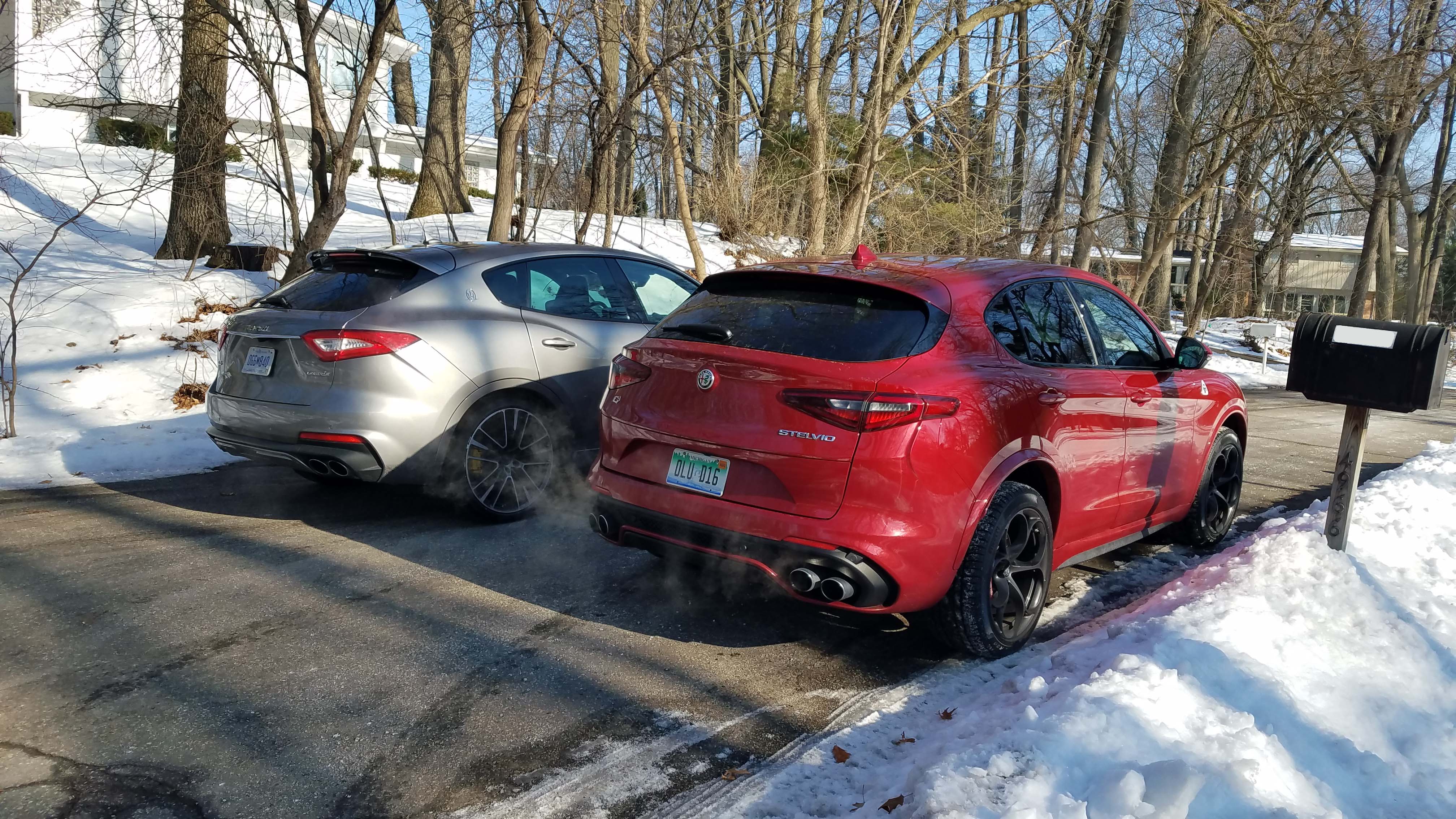 Quad-piped hellions. The Alfa Romeo Stelvio Quadrifoglio, right, and Maserati Levante look like any other 5-door utes from the rear — but those quad tailpipes hint at the 500-plus horsepower in the bow.