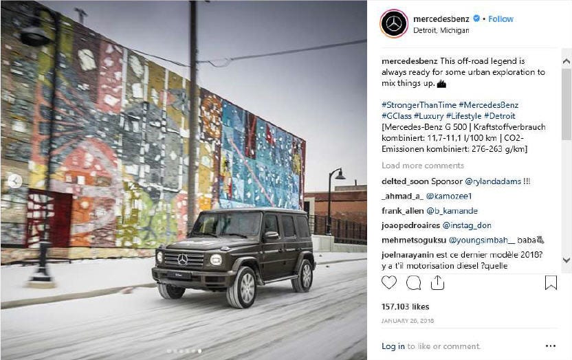 In a now-deleted Instagram post from Mercedes-Benz, an Eastern Market mural by graffiti artist James Lewis can be seen in the background.