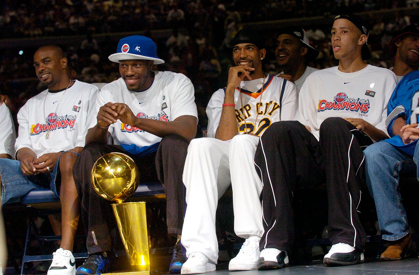 Left to right, Mike James, Ben Wallace, Richard Hamilton and Tayshaun Prince listen during the rally.