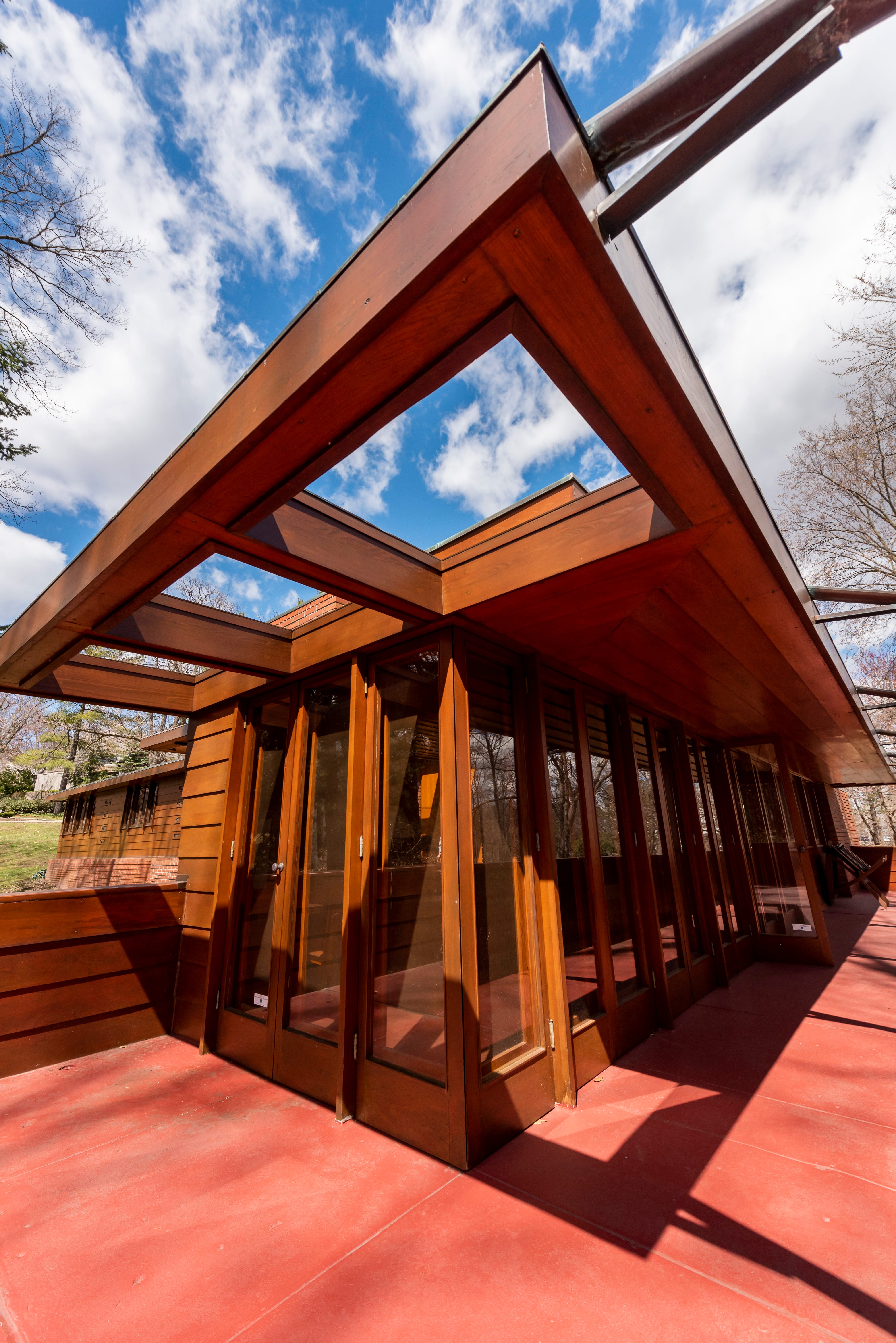 A cantilevered terrace extends from the main living area. An uncommon feature for one of Wright ' s Usonian homes, it ' s one features that makes the Affleck home so special, says Gyure, the historian.