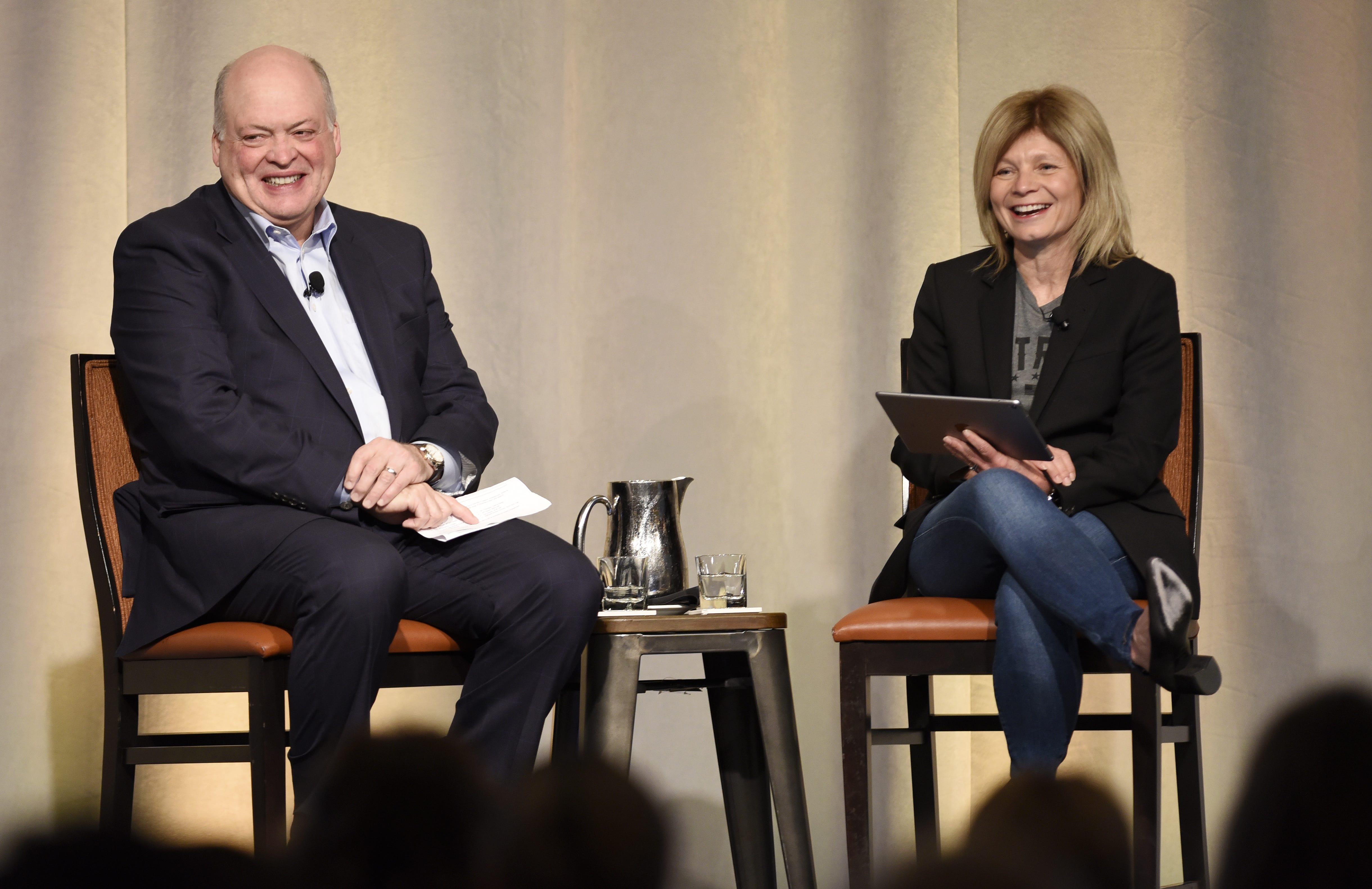 Ford's CEO Jim Hackett and President of Mobility Marcy Klevorn in 2017. Klevorn will retire, and Joe Hinrichs and Jim Farley assume new responsibilities to become the only two presidents at Ford, the automaker said Wednesday.