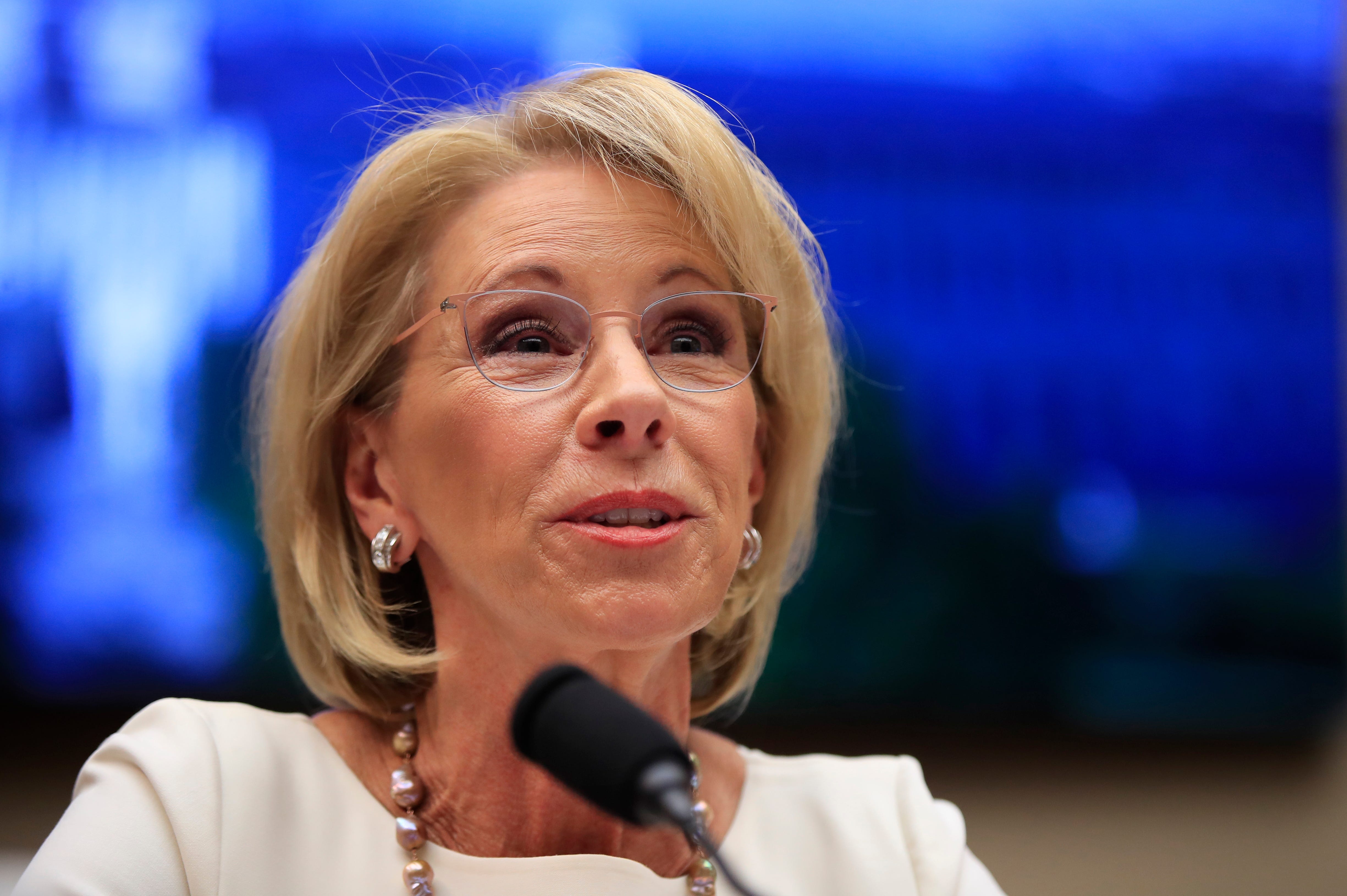 Education Secretary Betsy DeVos testifies before the House Education and Labor Committee at a hearing her department's policies Wednesday on Capitol Hill.