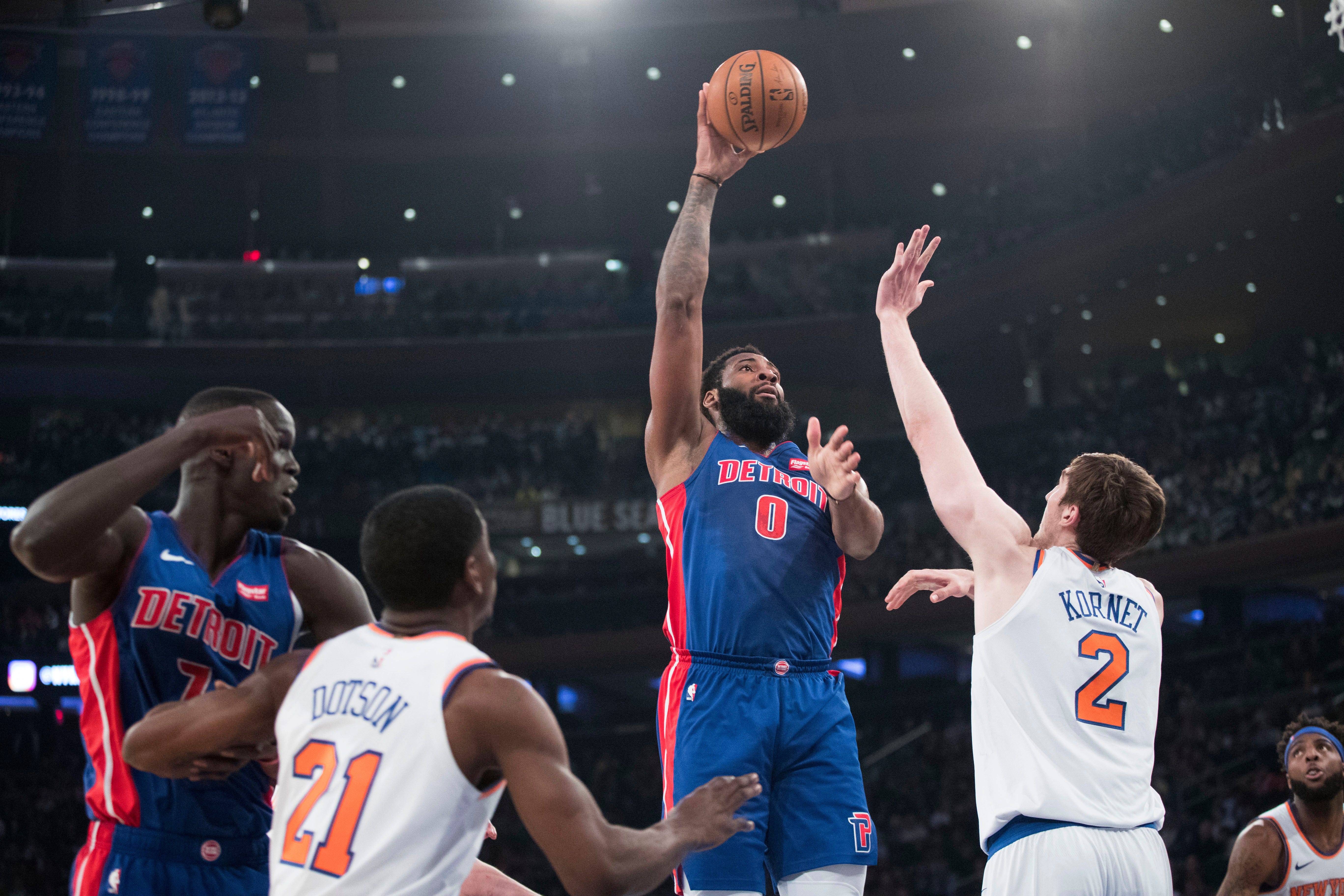 Detroit Pistons center Andre Drummond (0) goes to the basket over New York Knicks forward Luke Kornet (2) during the first half.