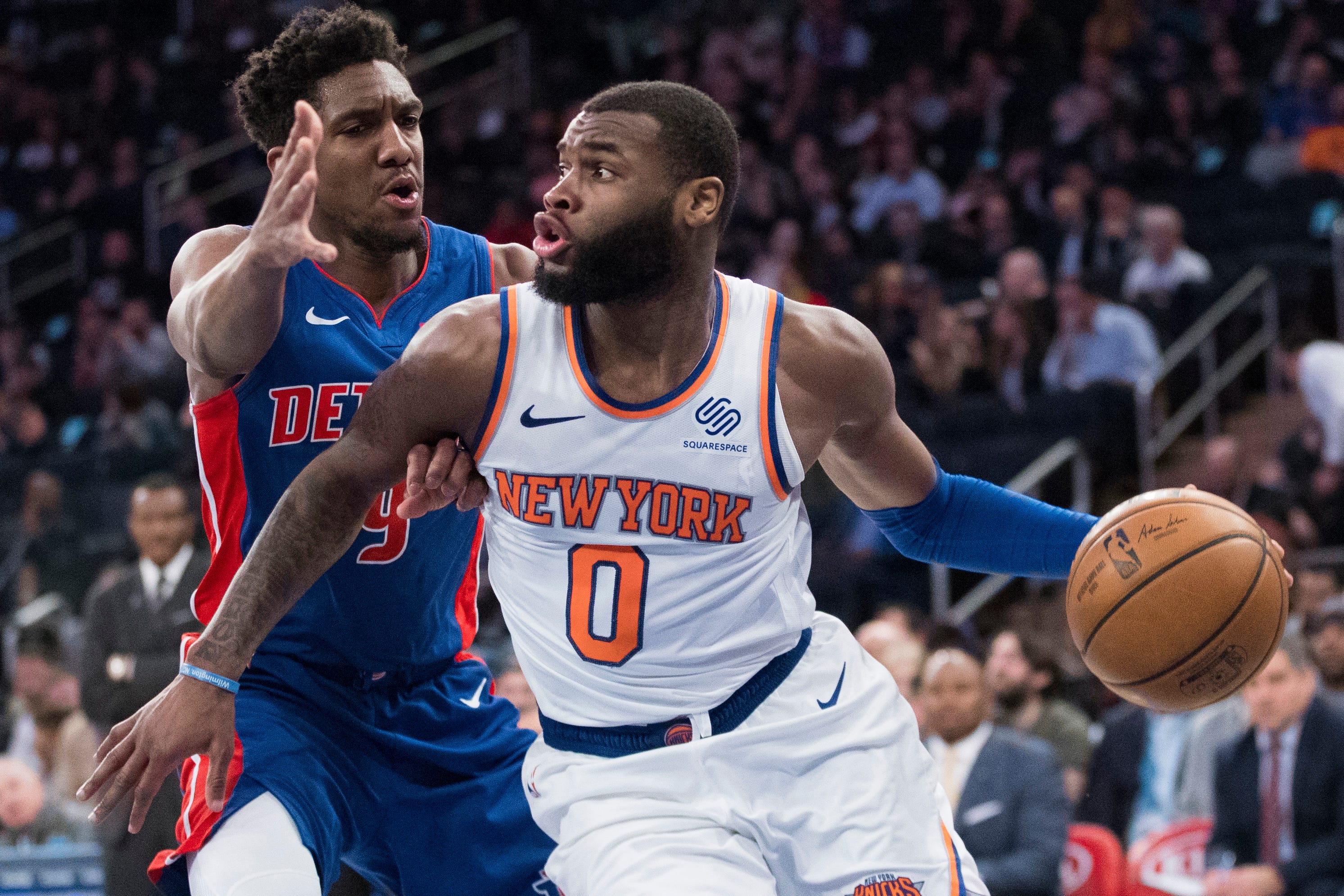 New York Knicks guard Kadeem Allen (0) drives against Detroit Pistons guard Langston Galloway (9) during the second half.