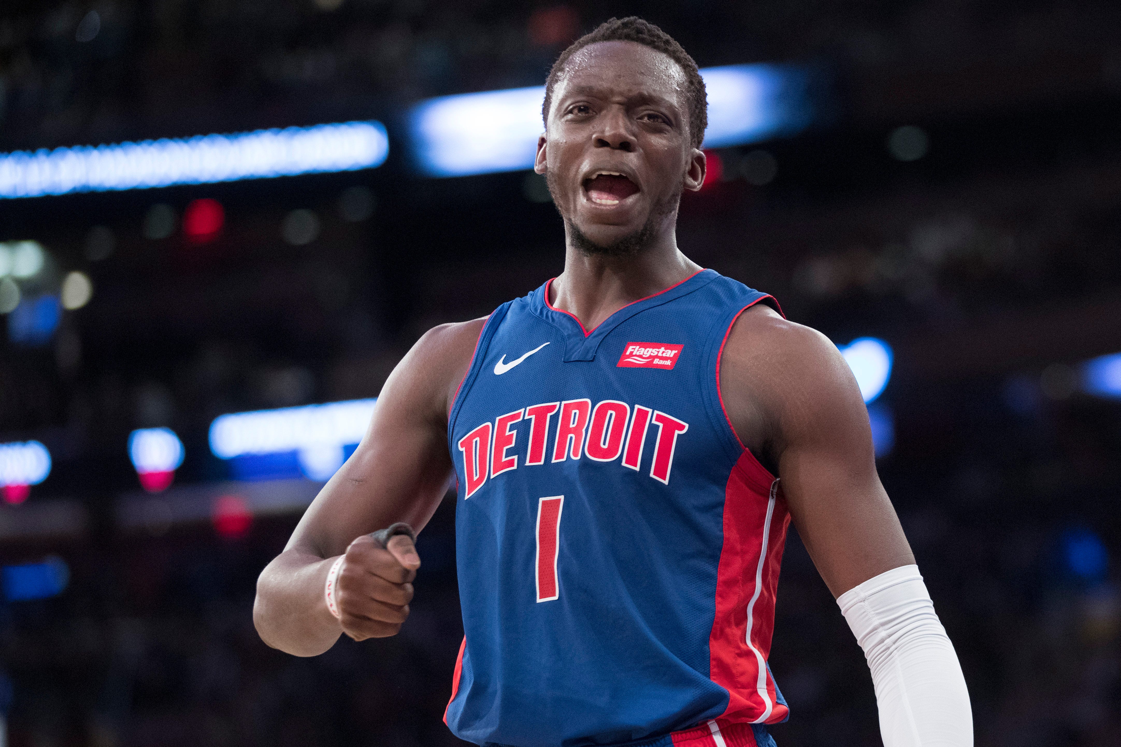 Detroit Pistons guard Reggie Jackson reacts during the first half.