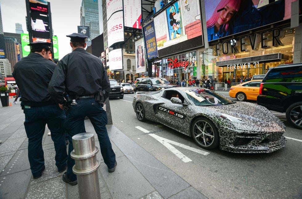 A mid-engine Corvette in camouflage stopped traffic in NYC Thursday night.