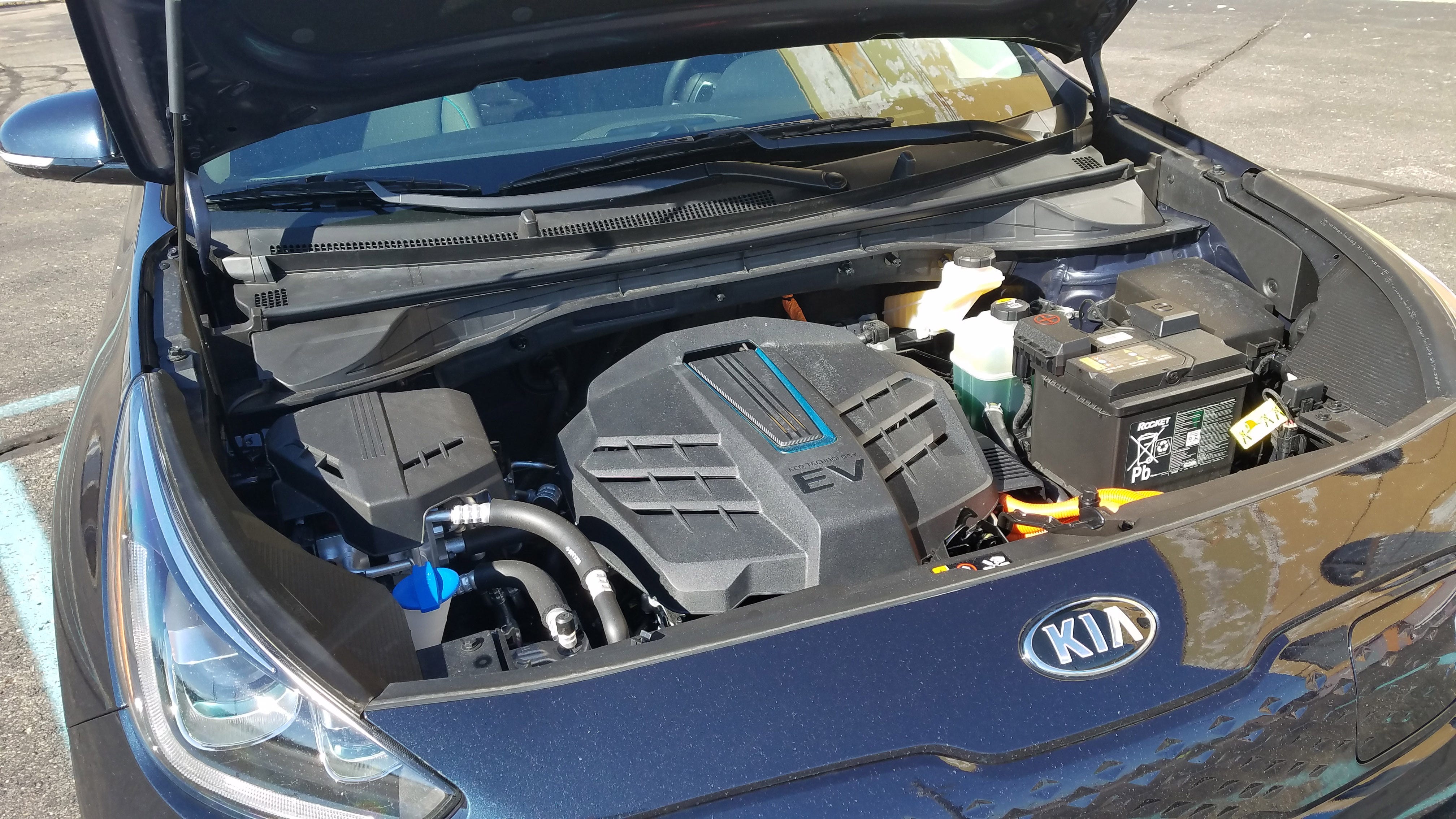 The 2019 Kia Niro EV packs its electric motor and other electronics under the front hood, where you'll find the gas engine in a standard Niro.