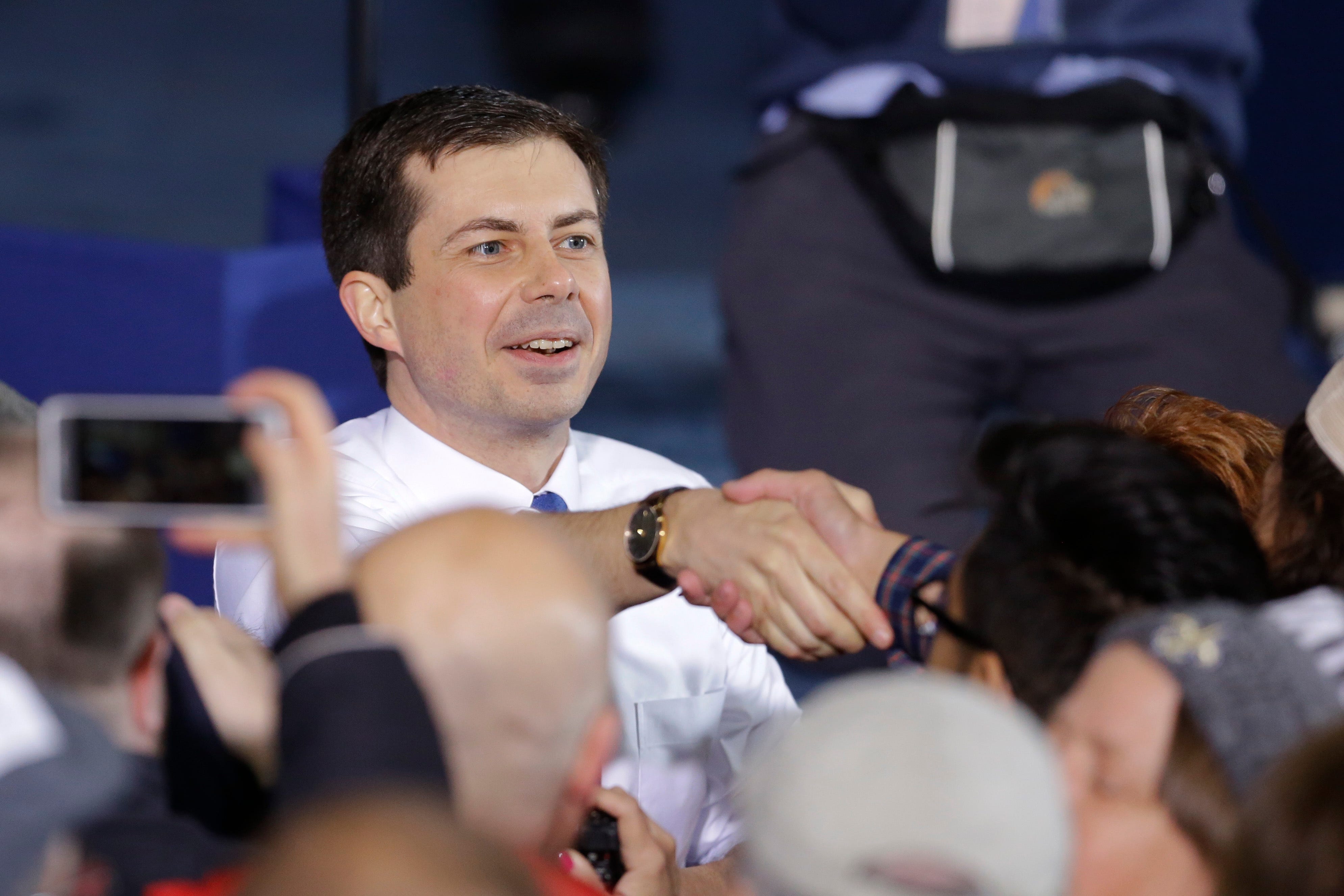 A 21-year-old student at Ferris State University in Big Rapids said accusations made in his name against Pete Buttigieg, seen here campaigning on April 14, are false and he did not authorize them.