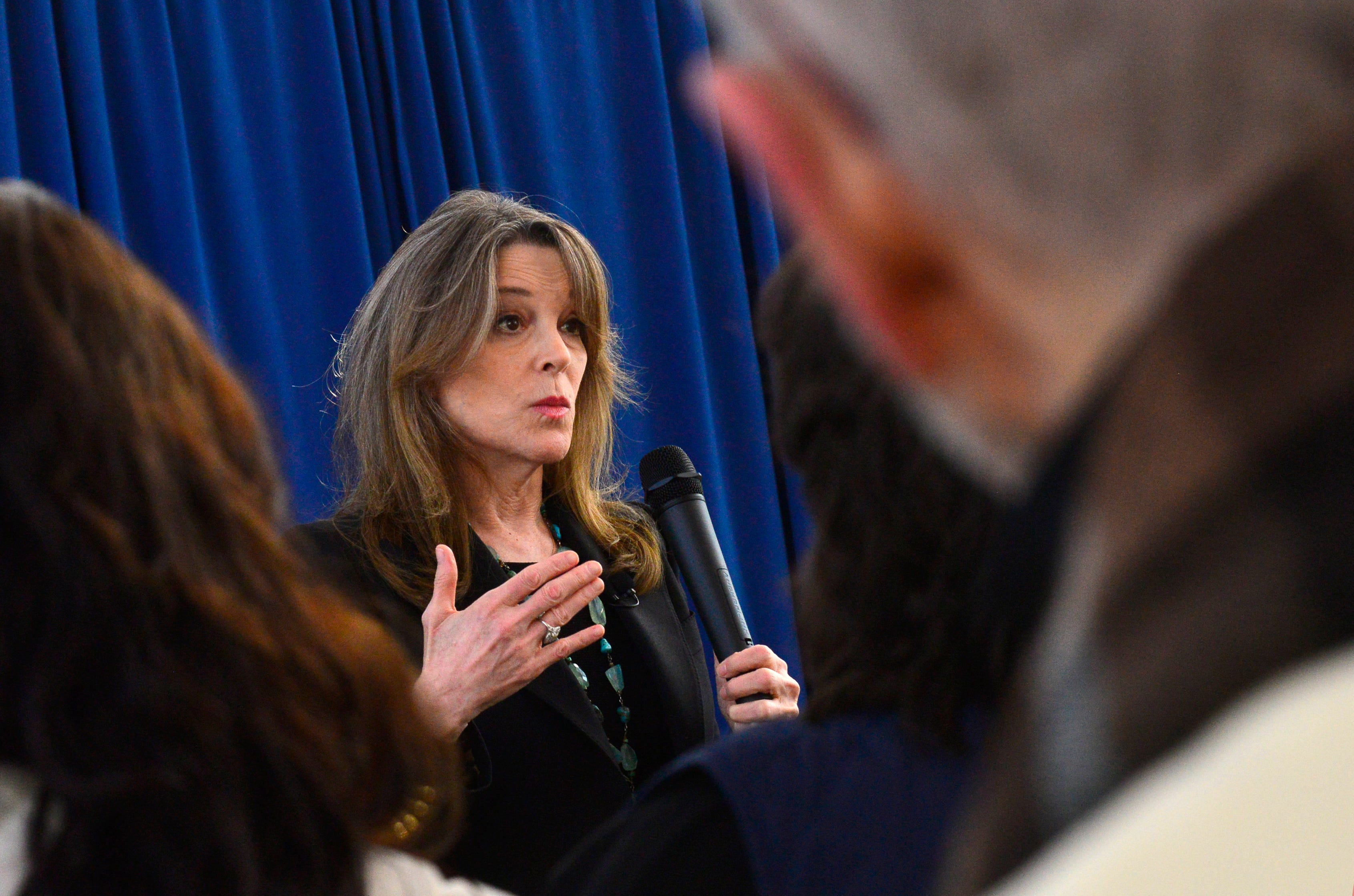 Marianne Williamson, a Democrat from Iowa and presidential candidate, talks about creating a cabinet position to deal with the youth of America during a campaign stop at Keene State College's student union in Keene, N.H.